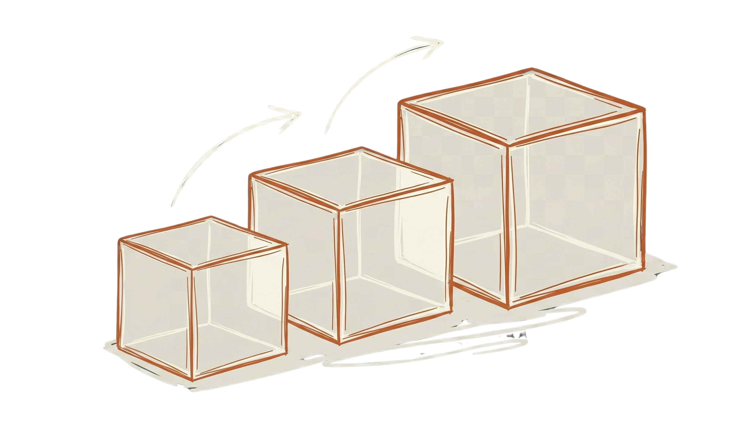 Four empty open boxes arranged in a line, with arrows indicating the process of stacking or assembling the boxes.