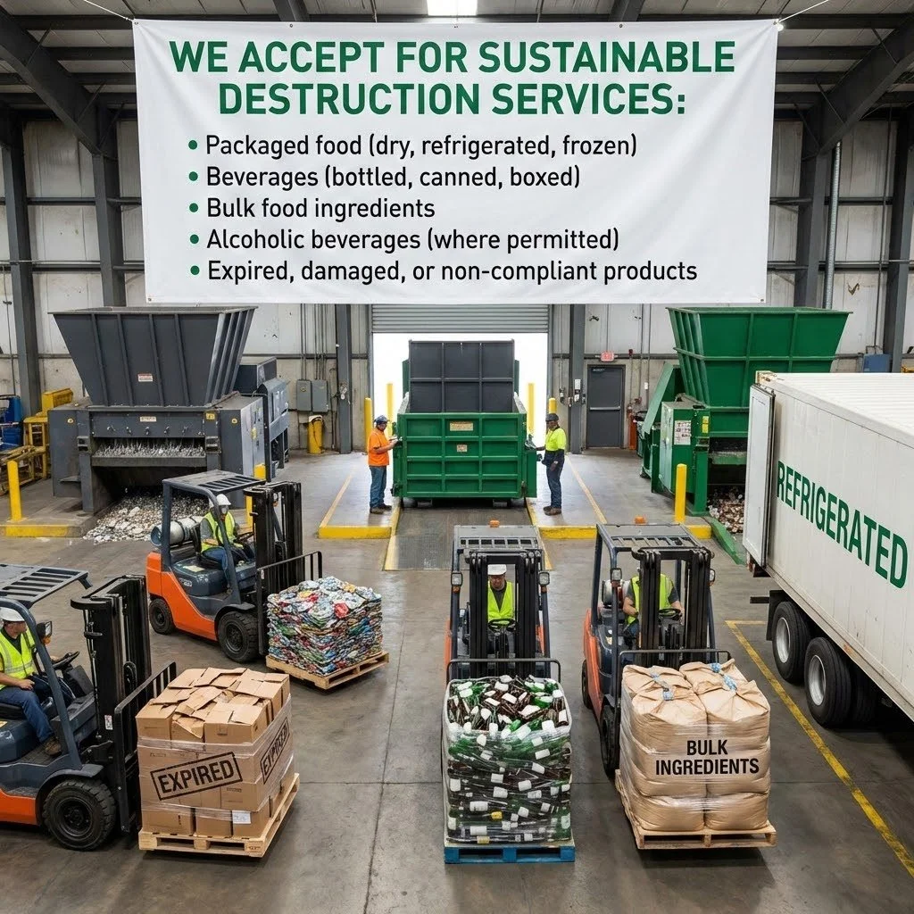 Certified destruction food and beverages accepted for destruction.