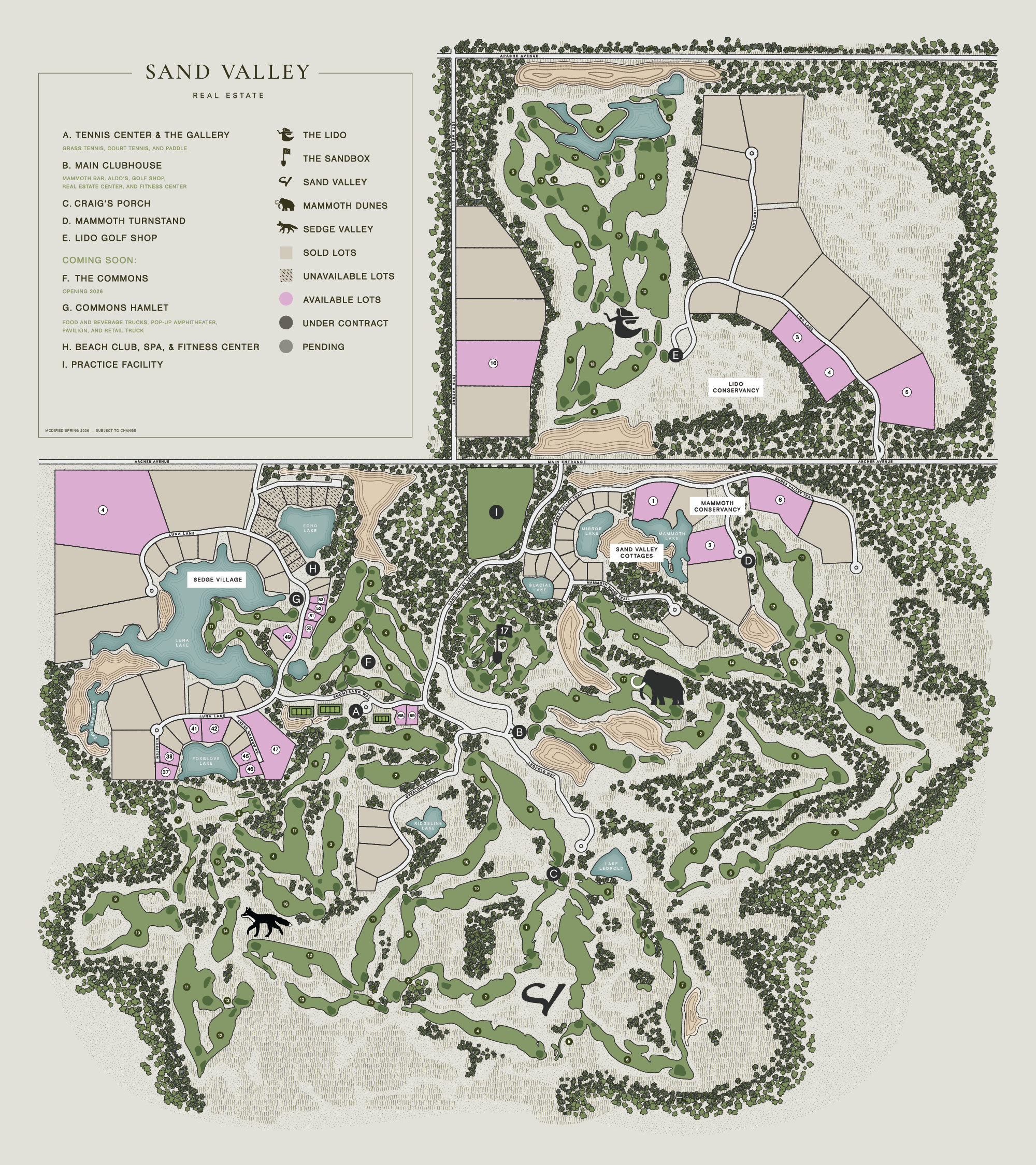 Map of Sand Valley real estate community showing various amenities, golf courses, lakes, and lots, with legends for available, sold, unavailable, and under contract lots, and locations for tennis, the main clubhouse, sand valley, mammoth dunes, sedge valley, and other features.