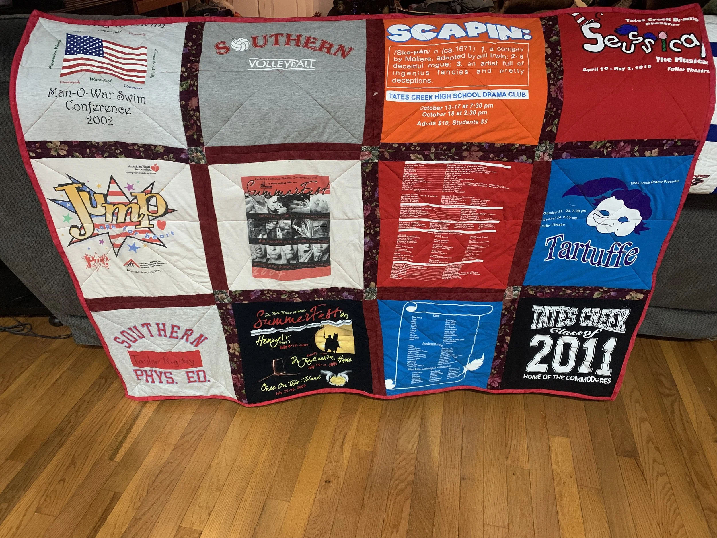 My very first T-shirt quilt made from my old school skirts