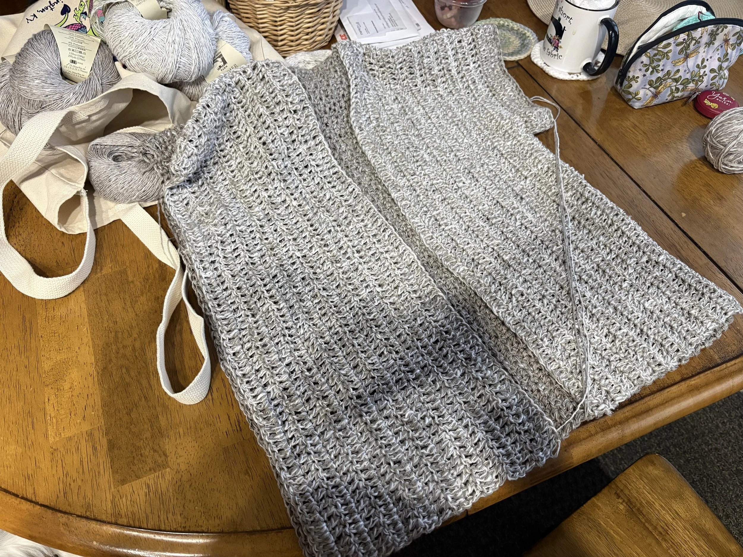 Working on the sleeves in a more comfortable chair