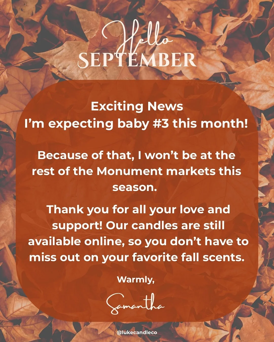 ✨ Exciting News ✨
I&rsquo;m expecting baby #3 this month! 🤍

Because of that, I won&rsquo;t be at the rest of the Monument markets this season.

Thank you for all your love &amp; support! Our candles are still available online, so you don&rsquo;t ha