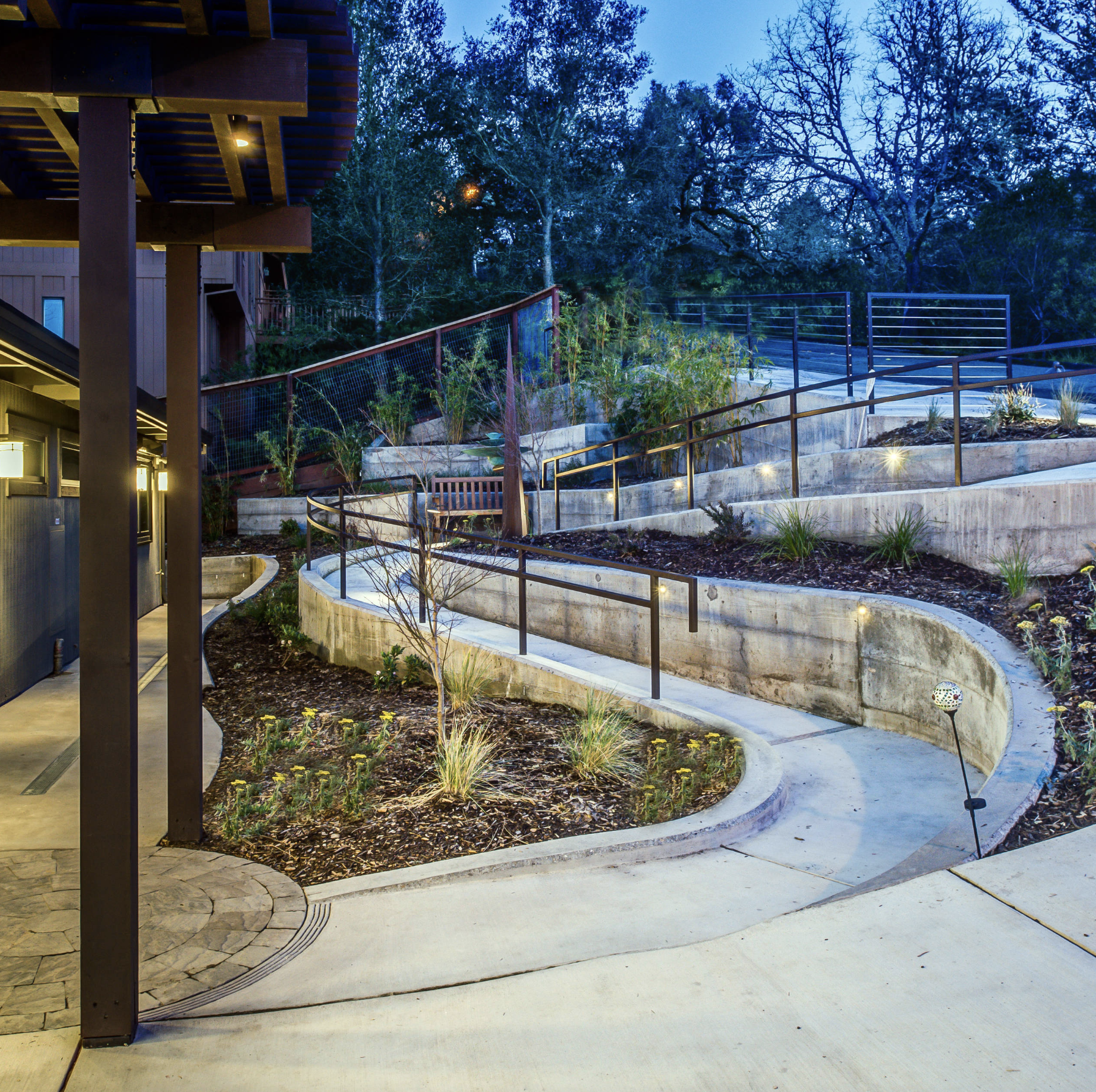 Meandering, safe handicap ramp allows for easy access from the street.