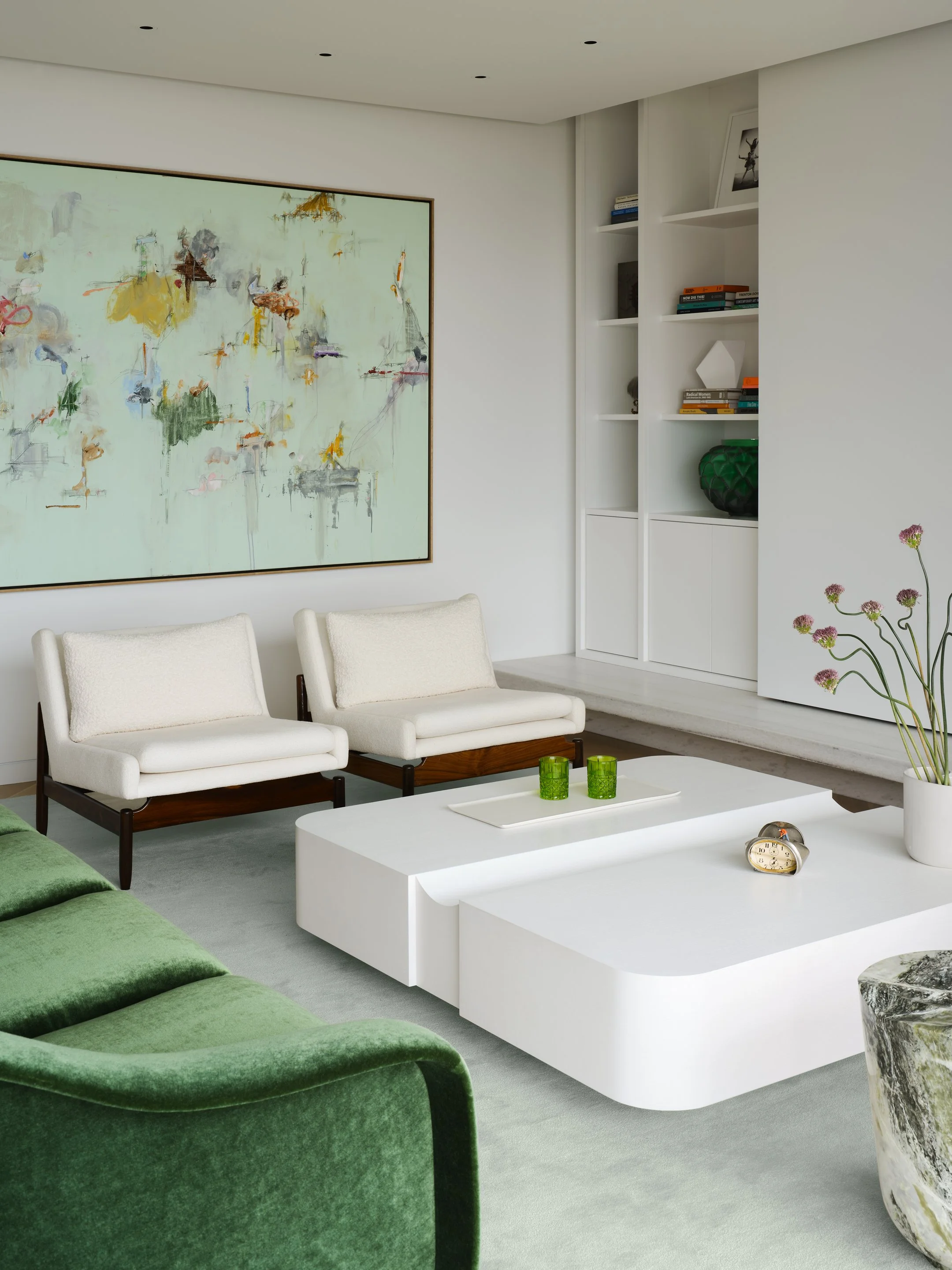 High-end Russian Hill apartment living room with contemporary art and minimalist interiors