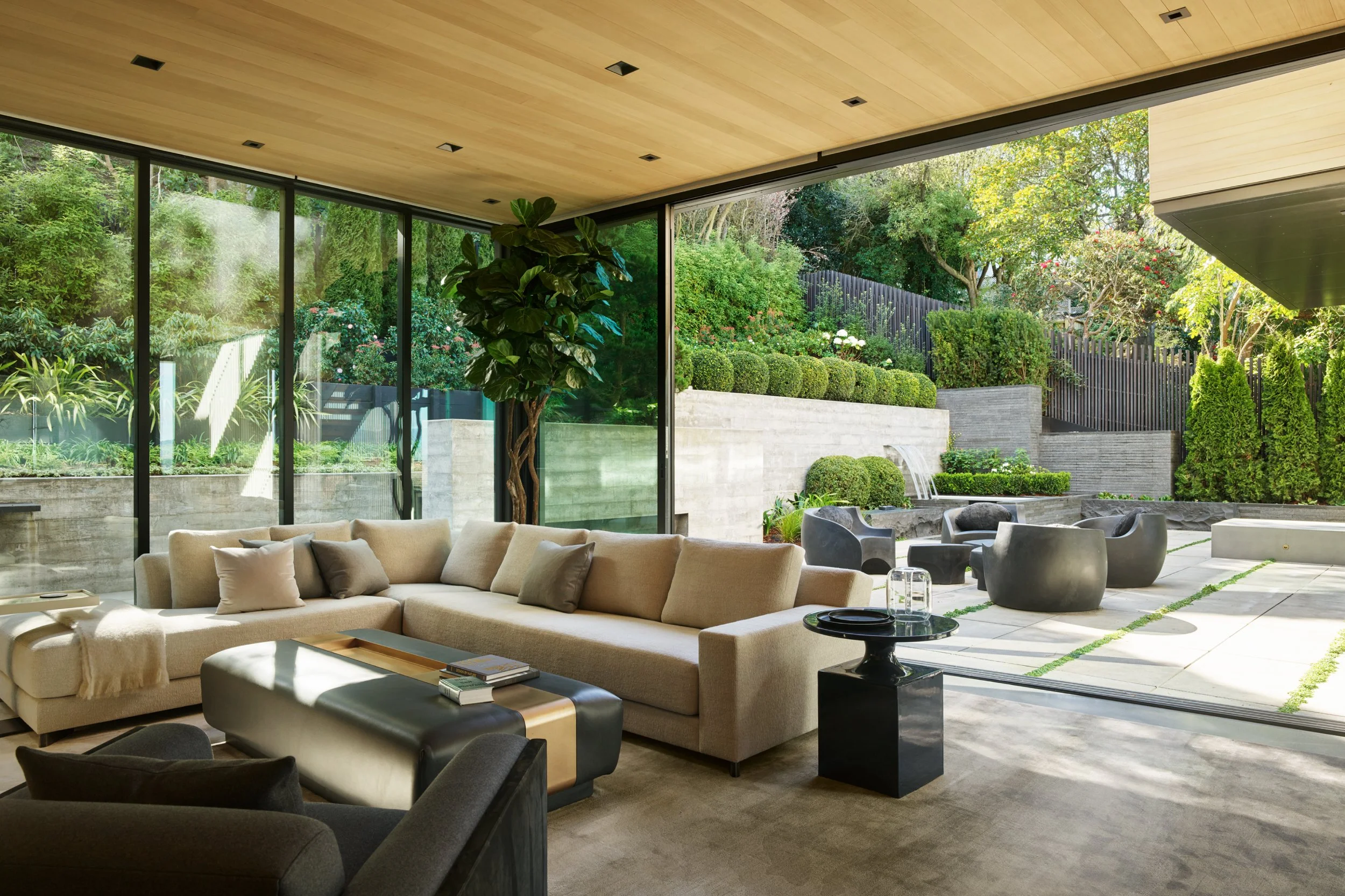 Luxury living room with garden views — interior design by Studio Collins Weir, City View residence San Francisco
