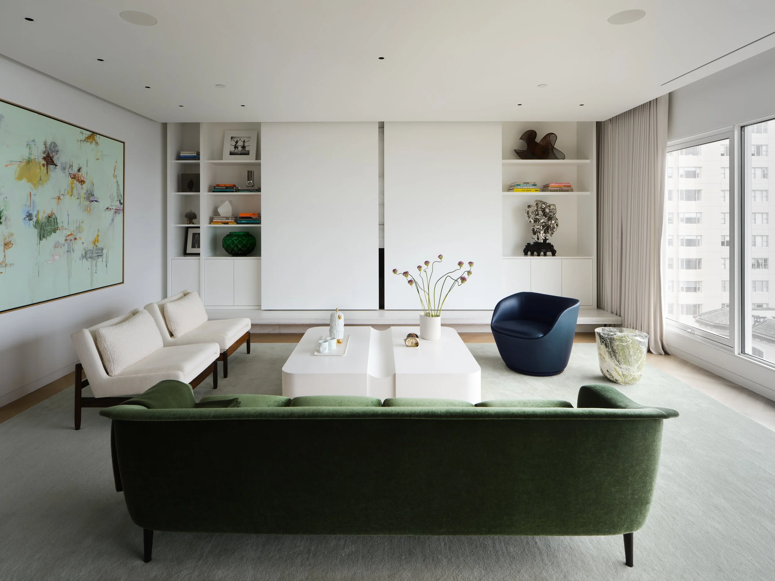 Living room with Joaquim Tenreiro sofa, custom Studio Collins Weir coffee table with Haas Brothers tea set, Kiuki Saito painting, and curated sculpture — Russian Hill San Francisco by Studio Collins Weir