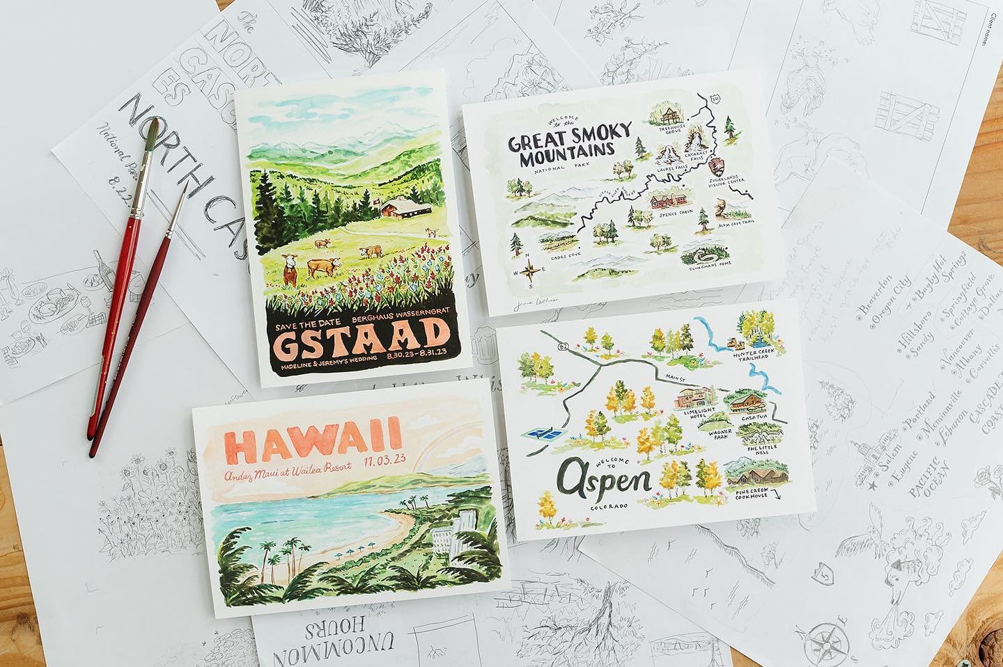 Some illustrations I created for custom stationery, from a little while back. Featuring various locations&hellip;Gstaad, Switzerland; Aspen, Colorado; Maui and @greatsmokynps in Tennessee&hellip;Artwork was created for clients via @wideeyespaperco 
B