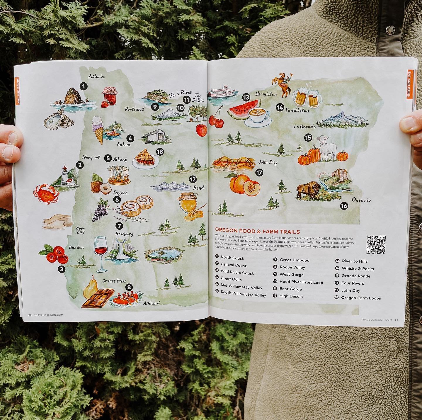 Map illustration I created this year for @traveloregon and their 2024 visitors guide, featuring the Oregon Food Trails around the state! You can find a copy of the visitor&rsquo;s guide magazine around town or online 
🍒🍷🍐