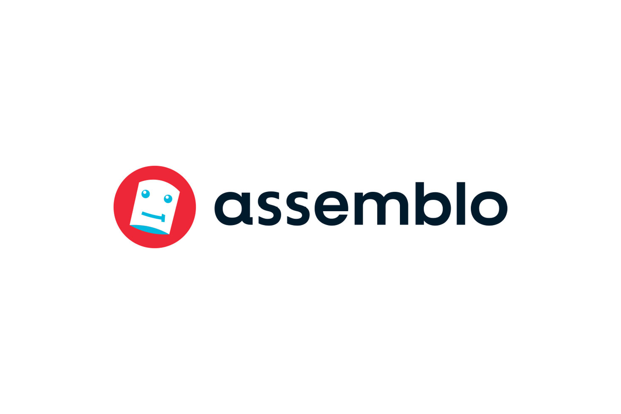 Logo with a red circle containing a stylized sad face and the word 'assemble' in lowercase black letters