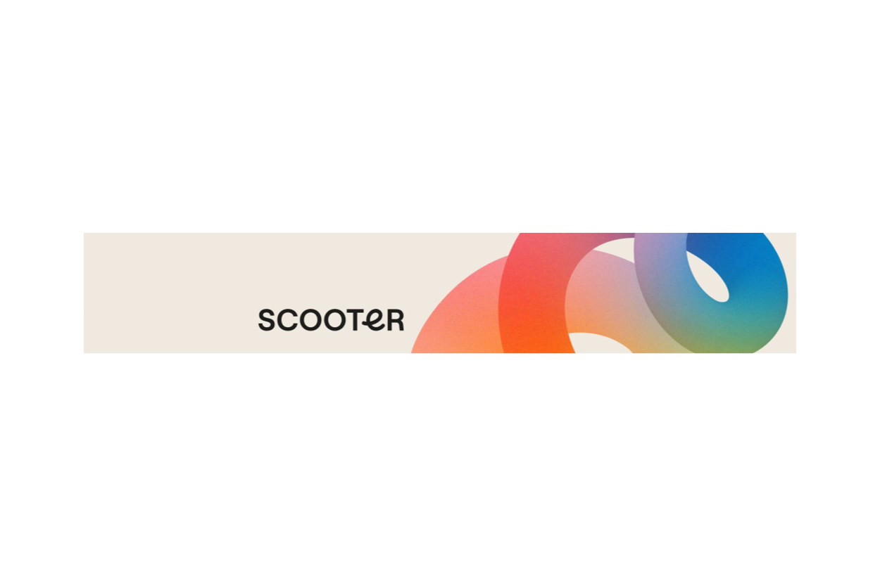 A beige banner with colorful circular shapes and the stylized word 'scooter' in black.