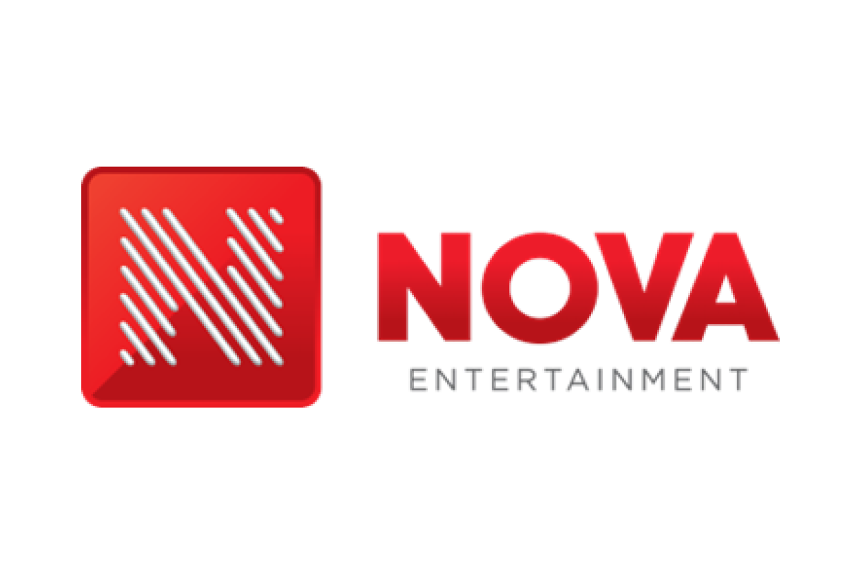 NOVA Entertainment logo with a red square icon containing white diagonal lines, and the words 'NOVA ENTERTAINMENT' in red and black text