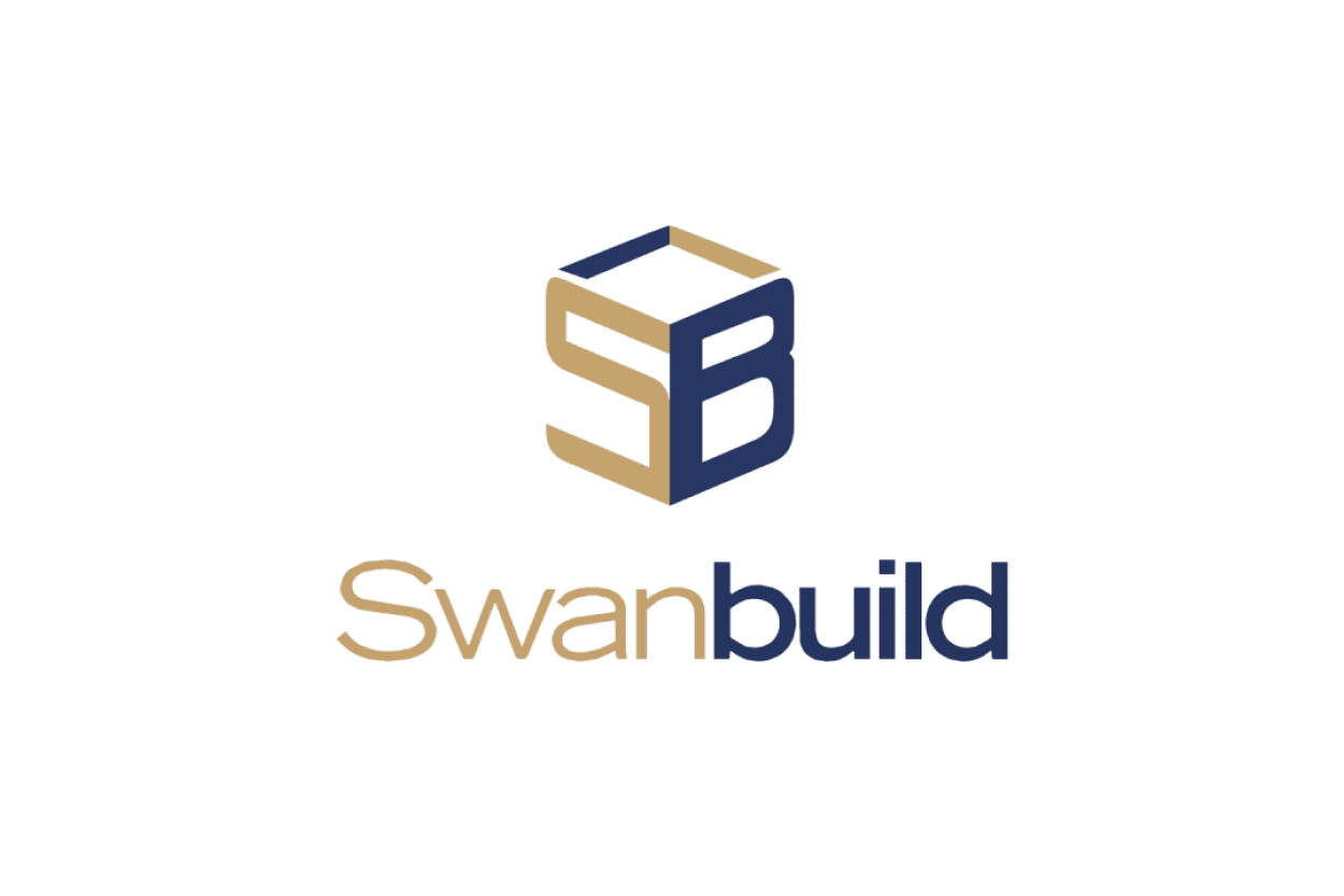 Logo for Swandb, featuring a 3D cube design with the letters 'S' and 'B', and text 'Swandb' in beige and navy blue.