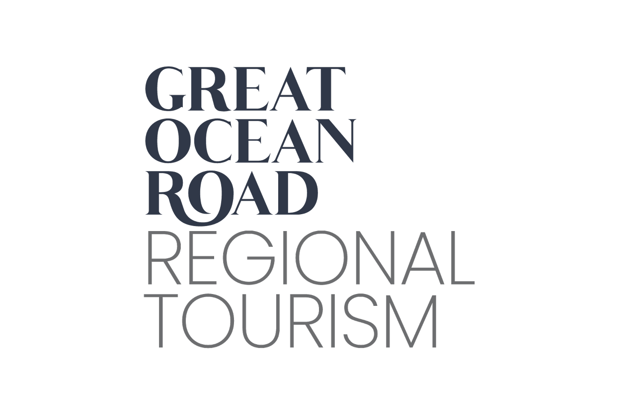Text stating 'Great Ocean Road Regional Tourism' in dark blue and gray on a black background.