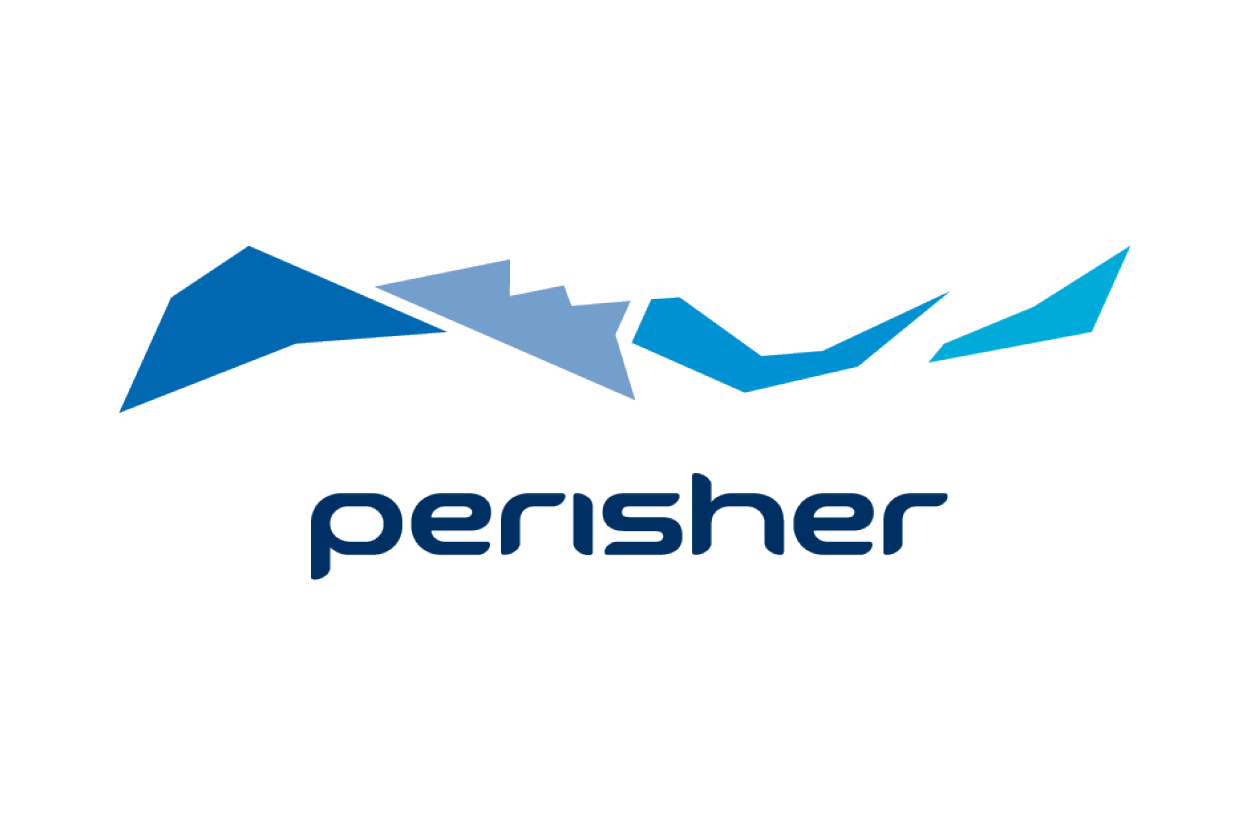 Logo with abstract mountain design and the word 'perisher' beneath it.
