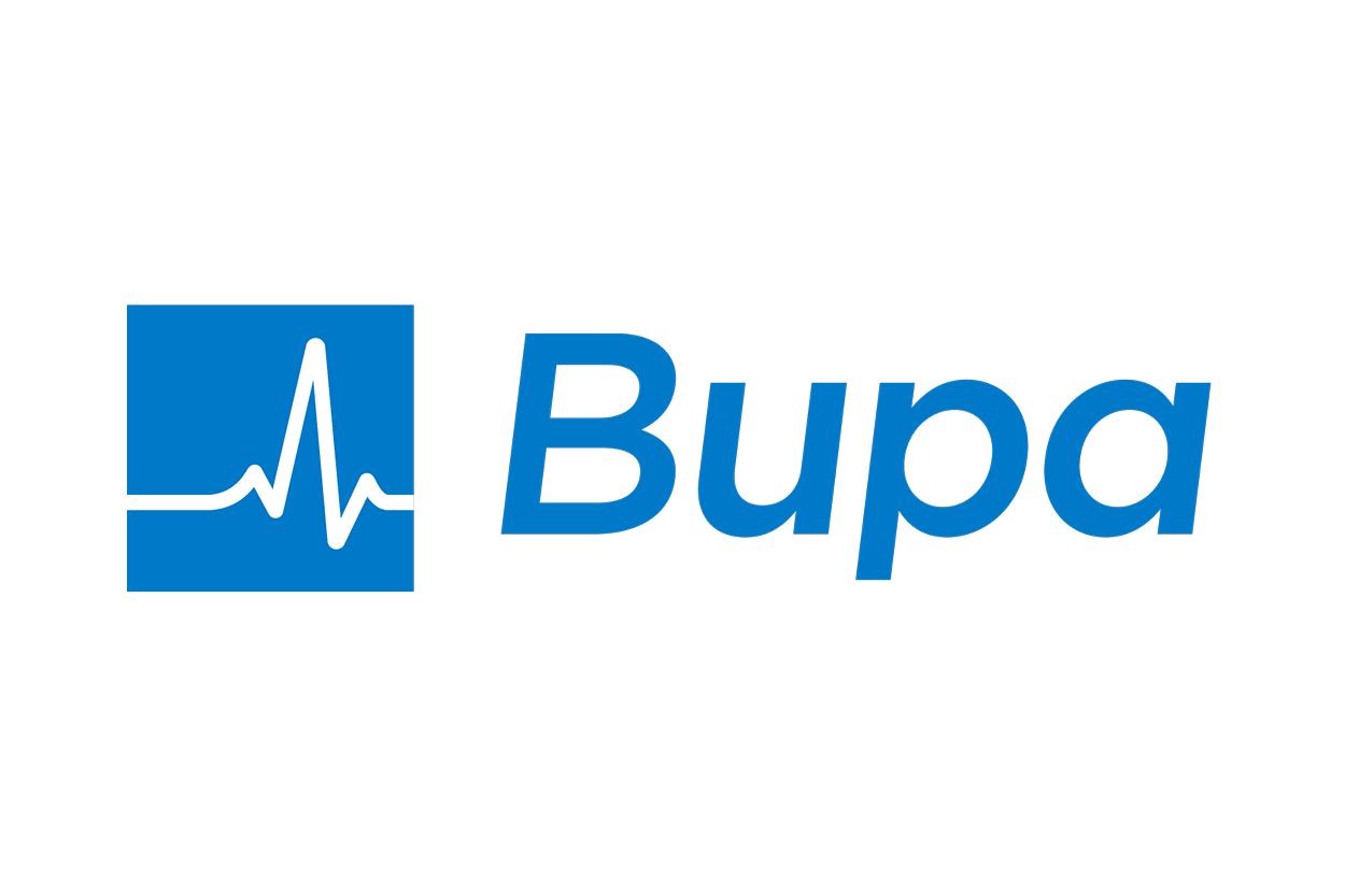 Bupa logo with a blue square containing a white heartbeat line and the word 'Bupa' in blue text.