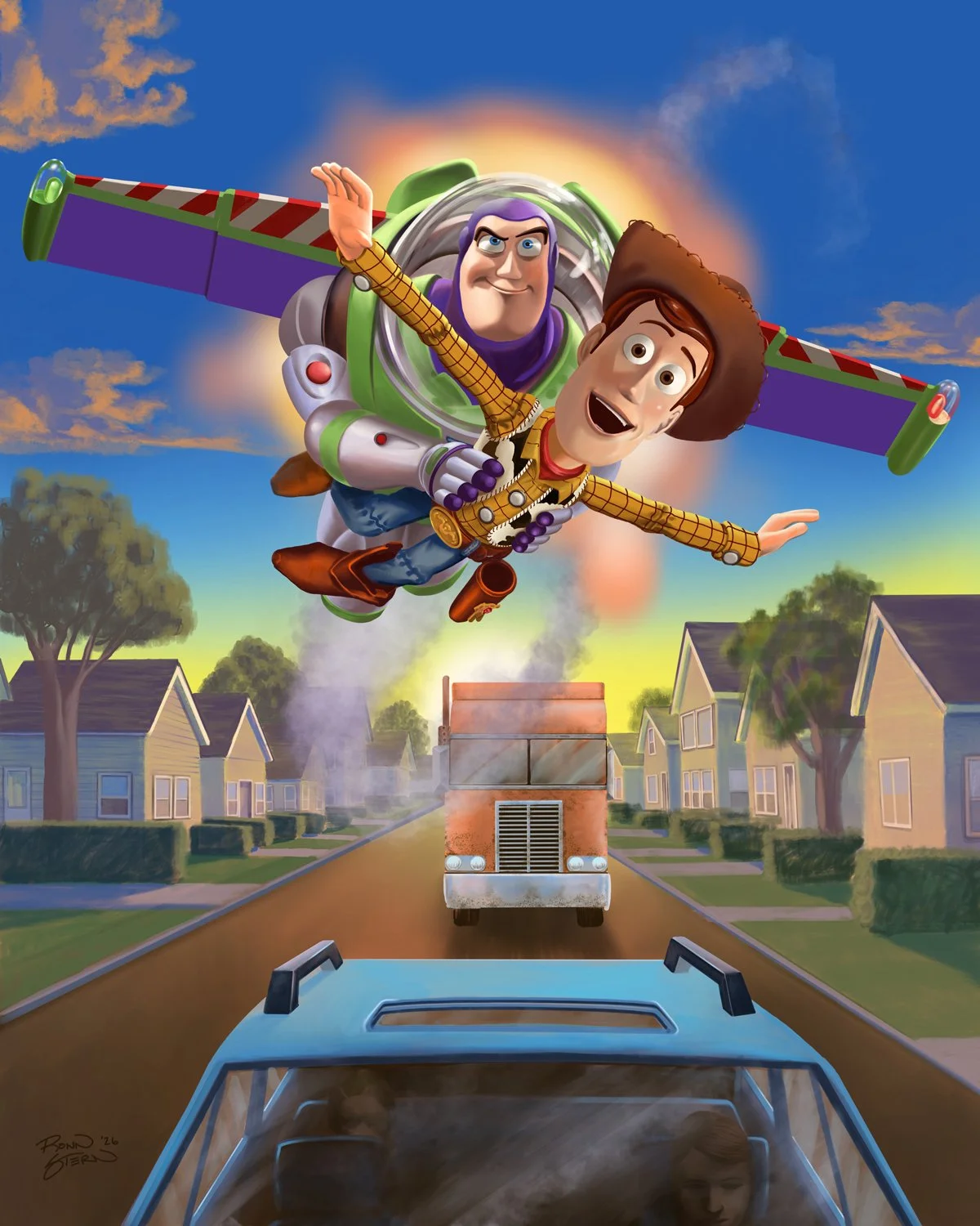 Falling w/ Style - Buzz & Woody - digital painting by Ronn Stern