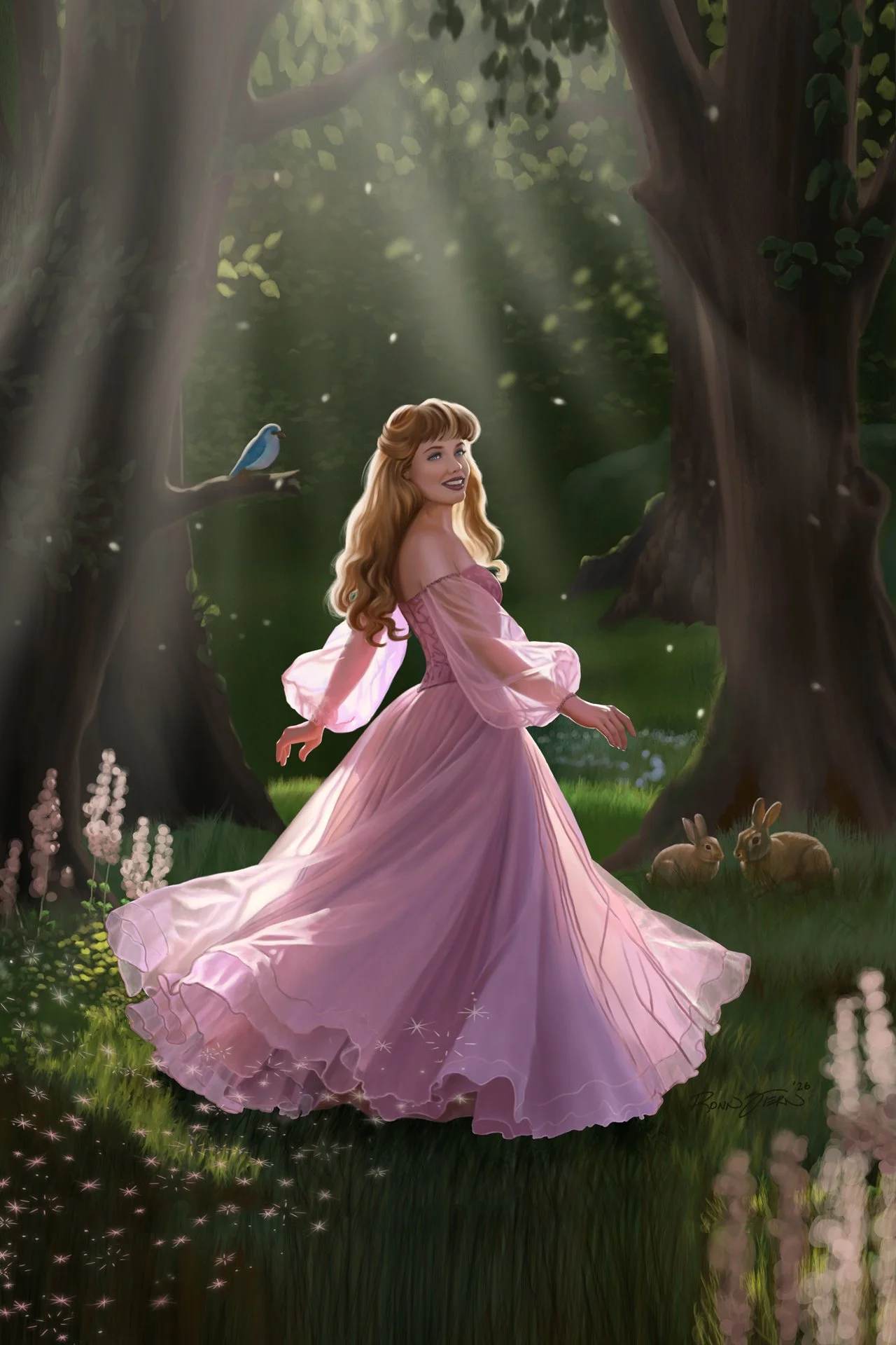 Pink Or ...? A princess with her woodland friends and her dress of pink. She is trying to decide if the color is right. Part 1 of 2 of a diptych series.