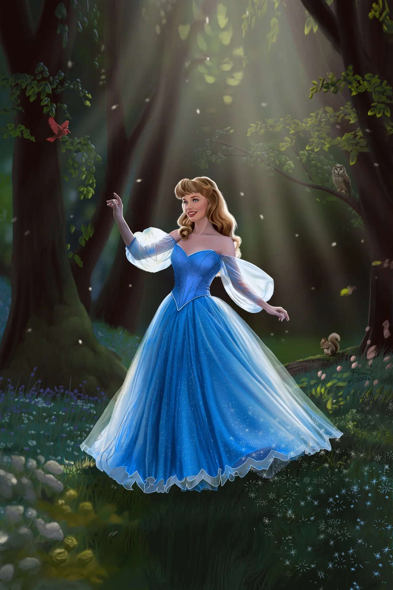 Blue Or ...? A princess with her woodland friends and her dress of blue. She is trying to decide if the color is right. Part 2 of 2 of a diptych series.