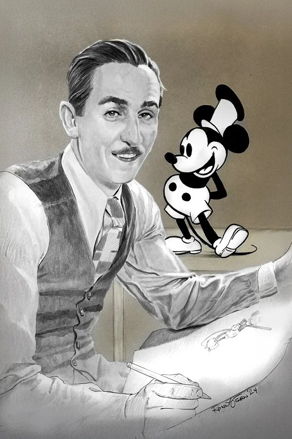 Black and white painting of Walt Disney in a vest and tie sitting at a table with drawing tools, and a cartoon Mickey Mouse standing behind him.
