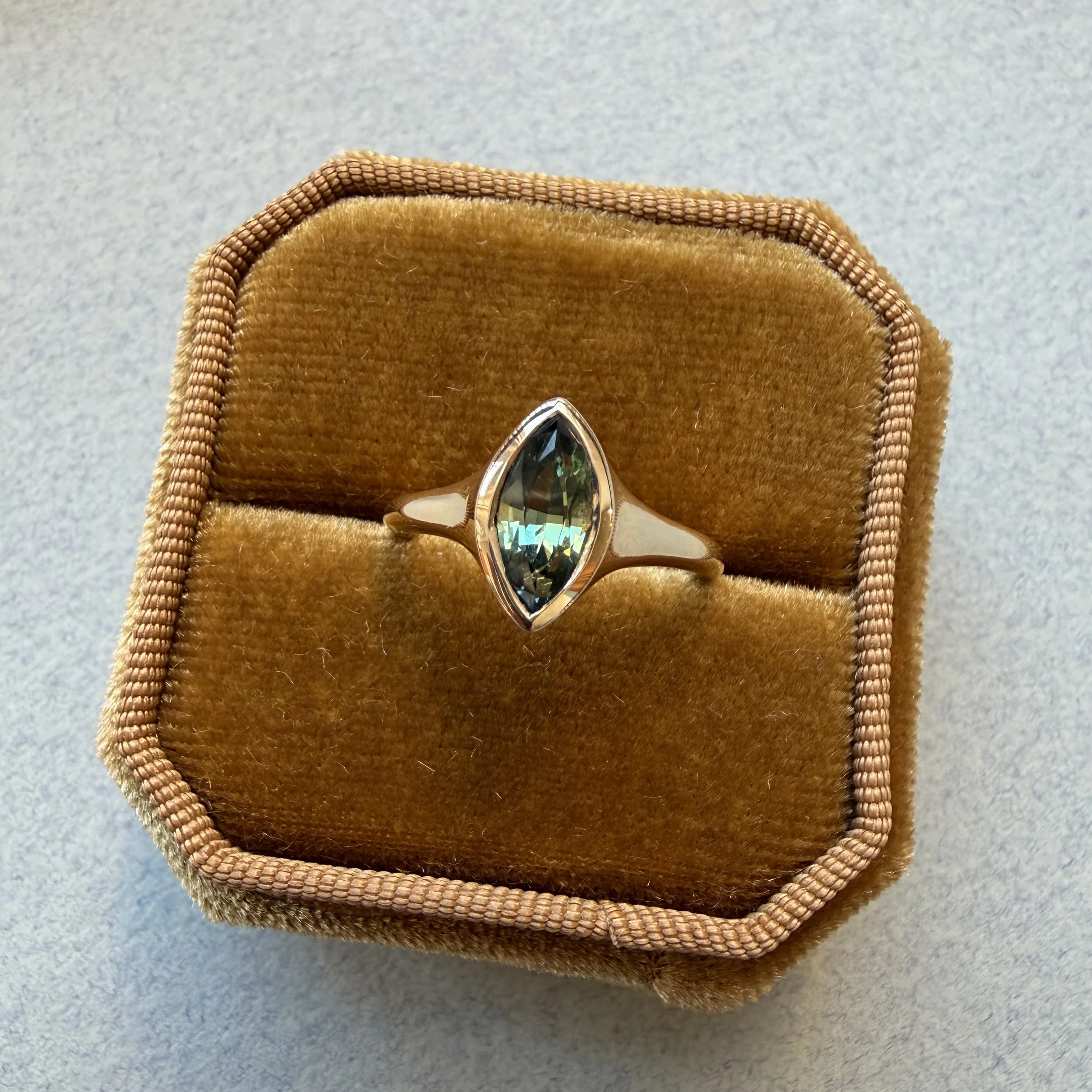 Paula's Ring - 14k gold with a 1.2 ct marquise cut teal sapphire

