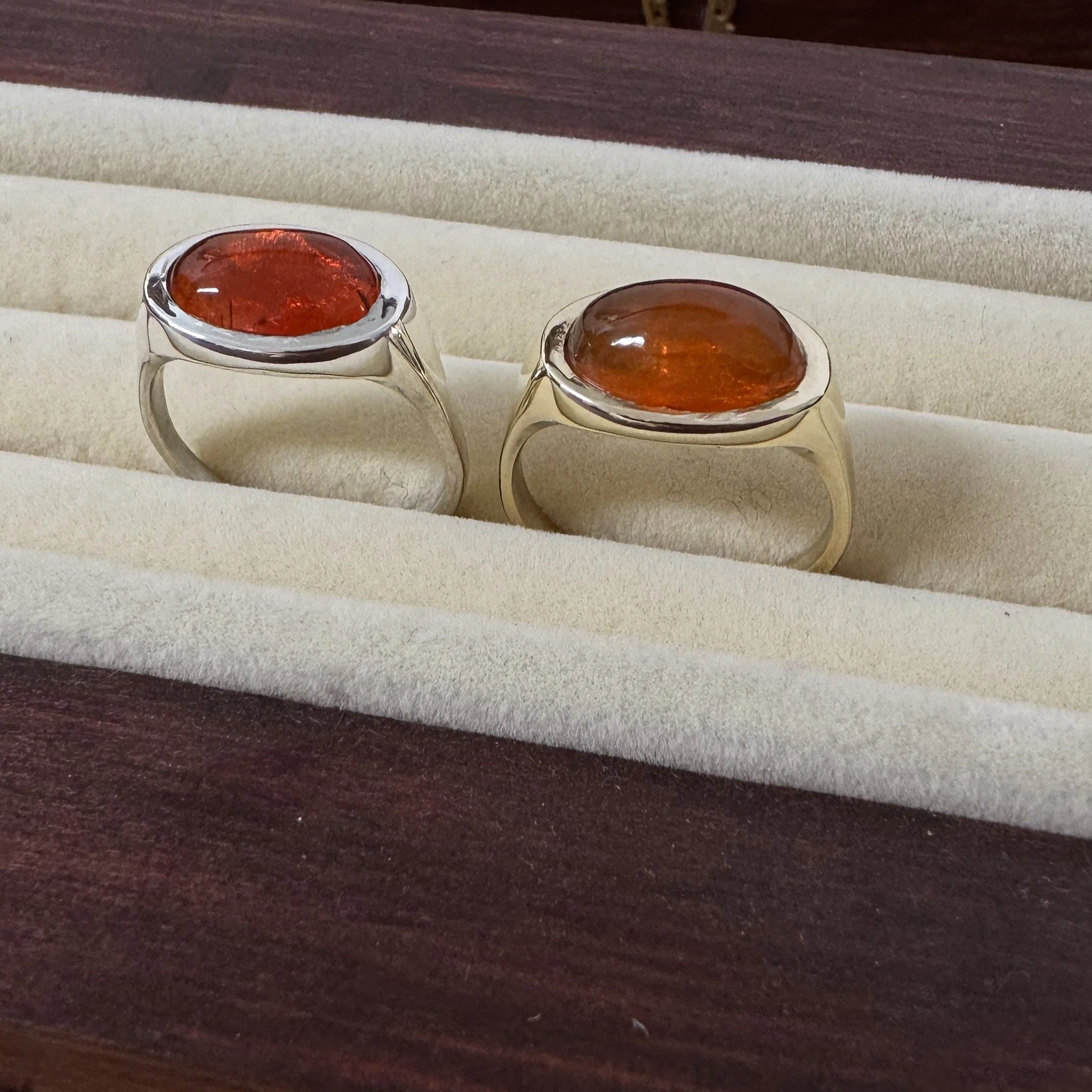 Giovanni's Rings - Mexican fire opals set in 14k gold and sterling silver rings