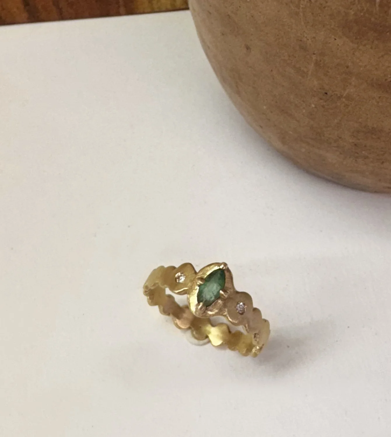 Angie’s Wedding Ring - 14k gold ring made using repurposed gold, emerald and diamonds from the customer's old wedding ring