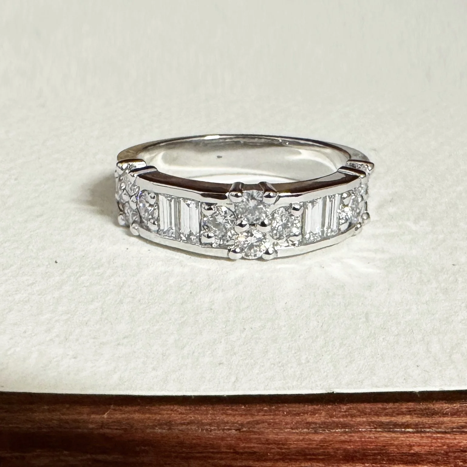 Liam and Rebecca's Engagement Ring - Vintage inspired 14k white gold ring with baguette and round diamonds