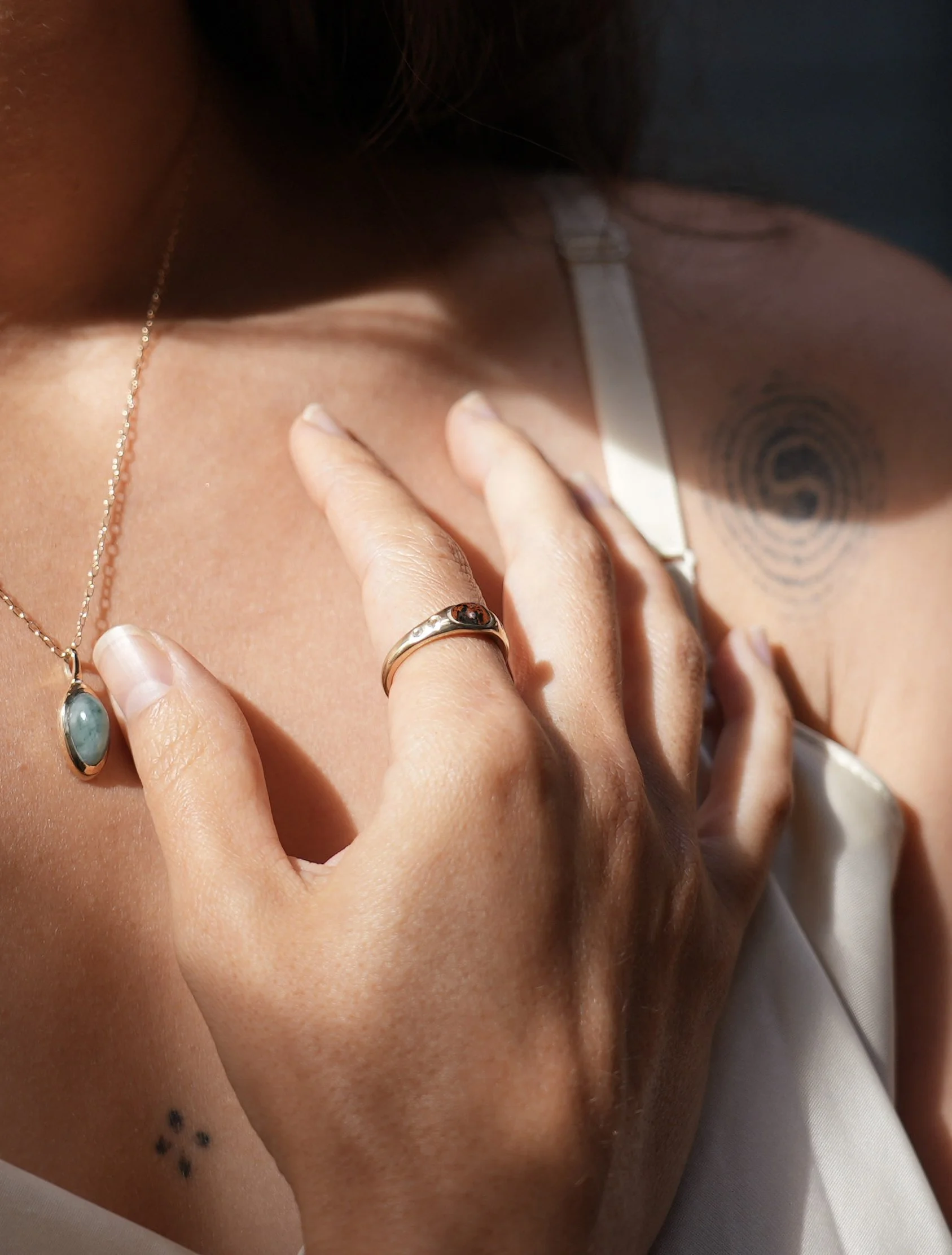 Mini Pedestal Ring Cab and Sapphires Obsidian 14k gold.jpg