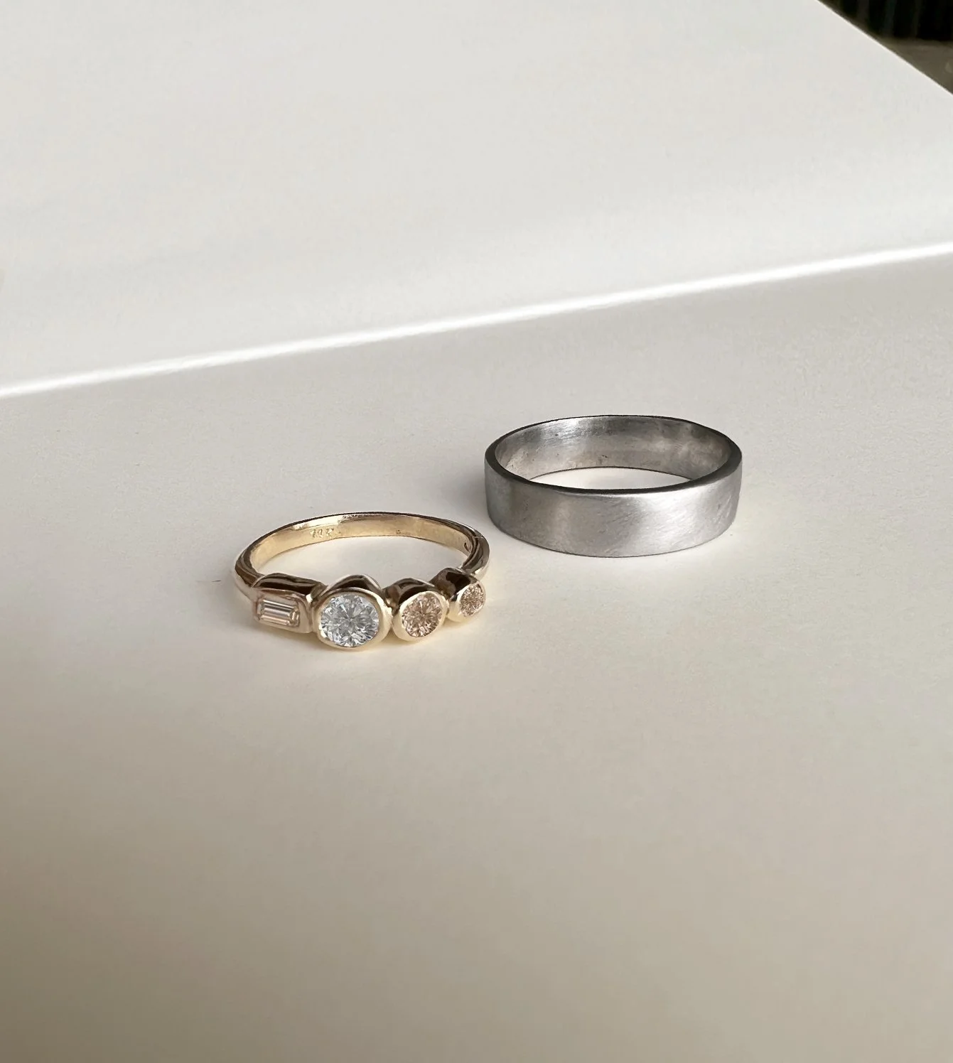 Elsa & Rene’s Engagement & Wedding Rings - 14k gold ring with baguette and round imperial topaz and diamond and 14k white gold band