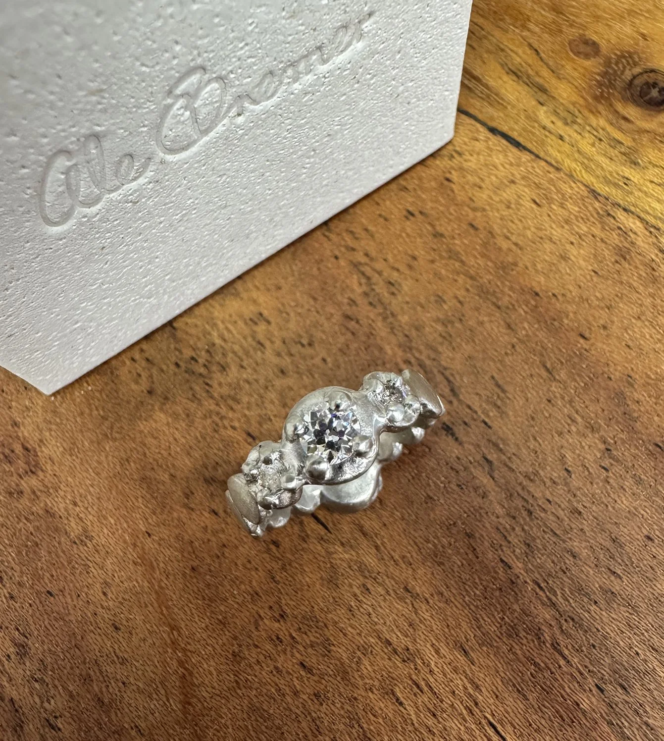 Phoebe’s Ring - 14k white gold ring made using repurposed heirloom gold and diamonds from the customer's grandmother ring