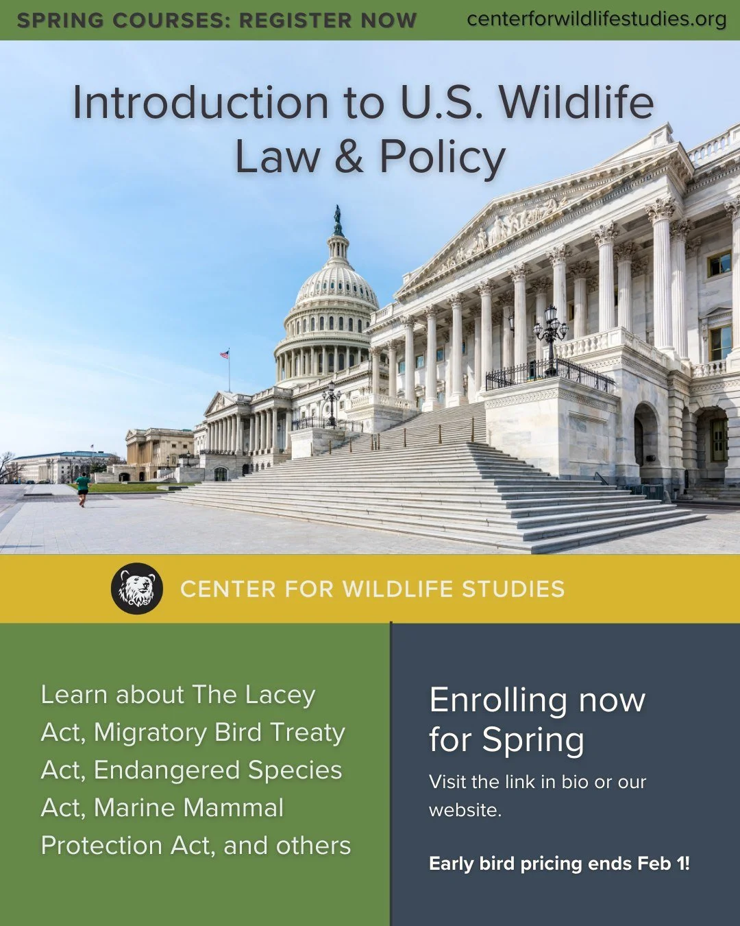 🌱 Curious about U.S. Wildlife Policy &amp; Law? Explore conservation's impact on our future! 🦅 This spring, learn about key policies like the Lacey Act &amp; Endangered Species Act. Ready to protect our planet? Visit out website or check the link i