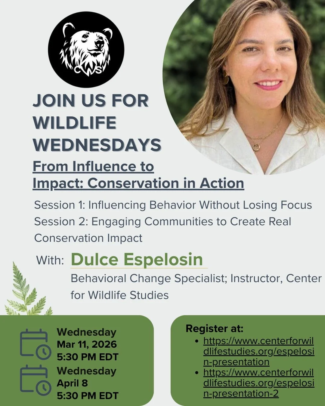 Have you heard about our webinars called Wildlife Wednesday? 🌿

Join us for this FREE virtual series to dive deep into conservation! 🐾

✨ Session 1: Influence Behavior for Conservation Success
🗓️ March 11, 5:30 PM EST
Discover how behavioral scien