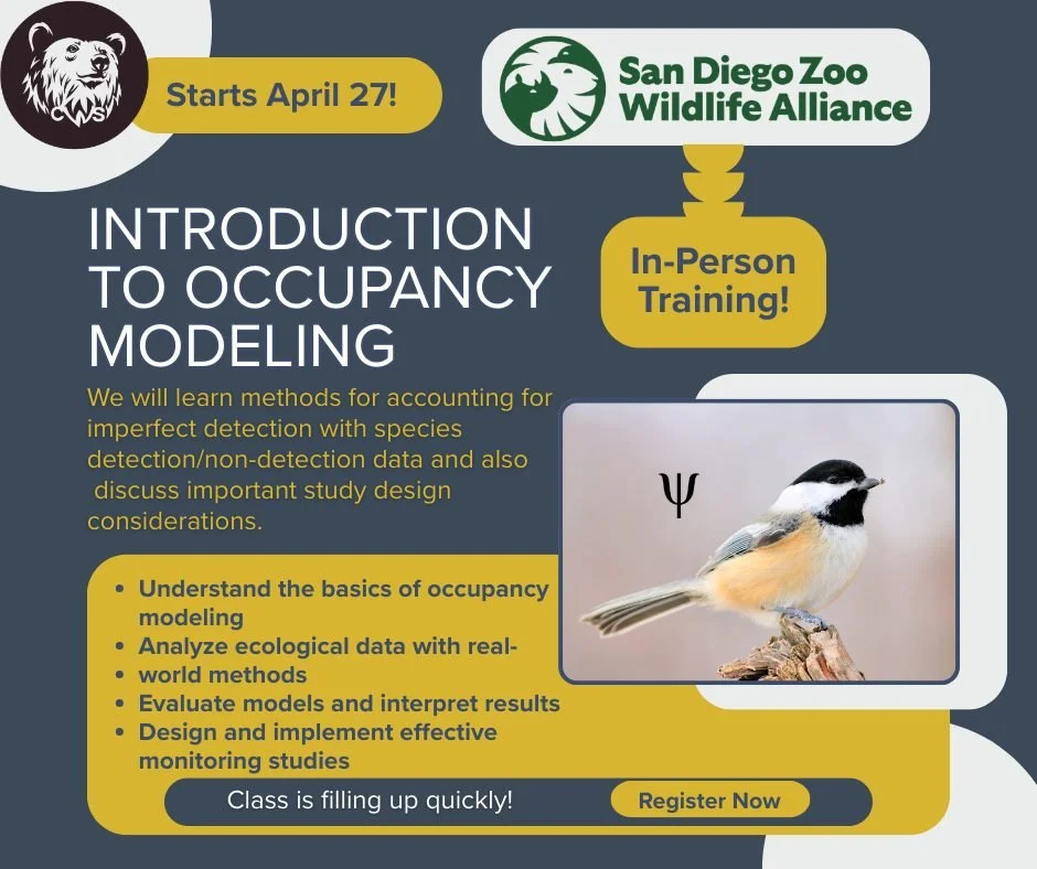 A truly unique In-Person Course is online to register and is filling up fast!
 🌿 Unlock the secrets of species presence with our Occupancy Modeling Course at the @SanDiegoZoo! 🐾✨

From April 27 - May 1, 2026, dive deep into the world of ecology and