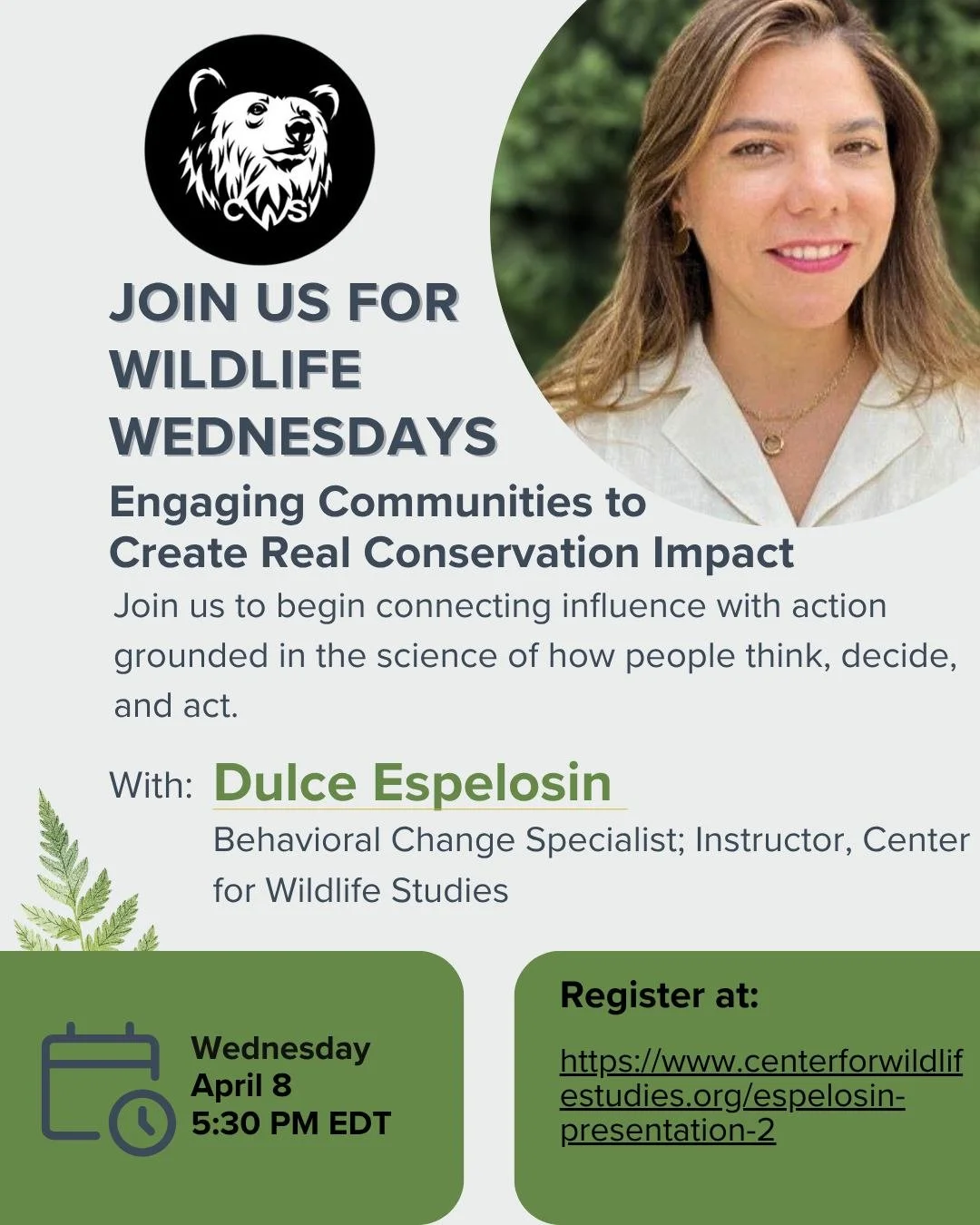 Wildlife Wednesday is a week away. Have you registered yet?

Session 2 &ndash; April 8, 5:30 PM EST

Engaging Communities to Create Real Conservation Impact
We&rsquo;ll examine why authentic community engagement is critical for sustainable results. D