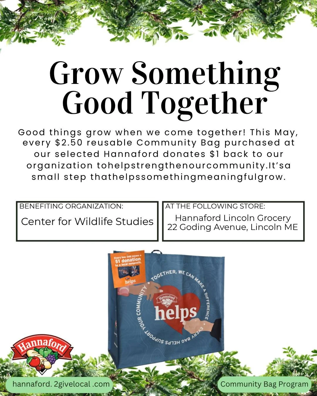 🌿 Support Wildlife &amp; Go Green! 🌿

Want to make a difference with your grocery run? For the month of May, grab a $2.50 reusable bag at Hannaford, 22 Goding Ave, Lincoln, ME. 🛍️

Every bag purchased = $1 donated to the Center for Wildlife Studie