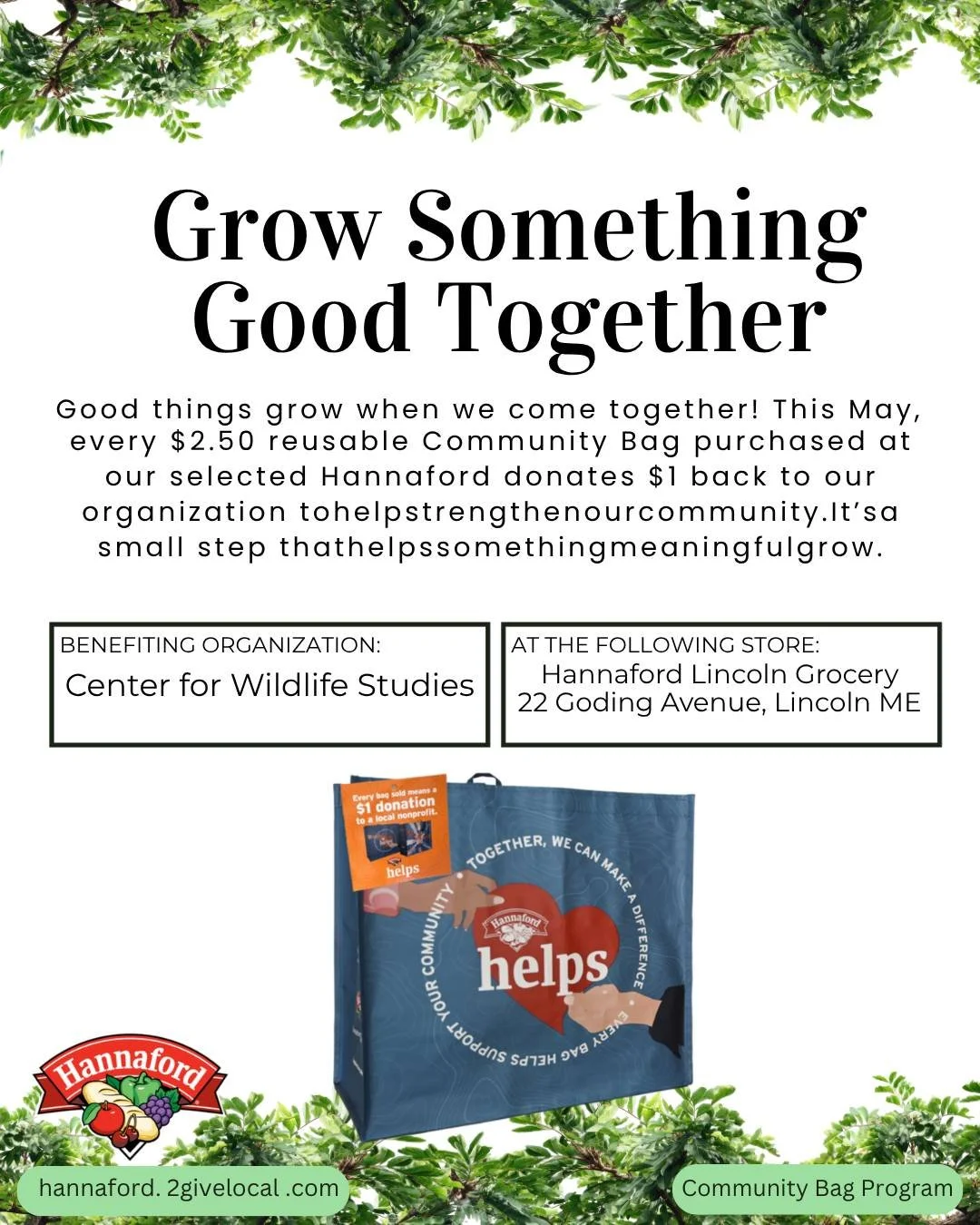 🌿 Support Wildlife &amp; Go Green! 🌿

Want to make a difference with your grocery run? For the month of May, grab a $2.50 reusable bag at Hannaford, 22 Goding Ave, Lincoln, ME. 🛍️

Every bag purchased = $1 donated to the Center for Wildlife Studie