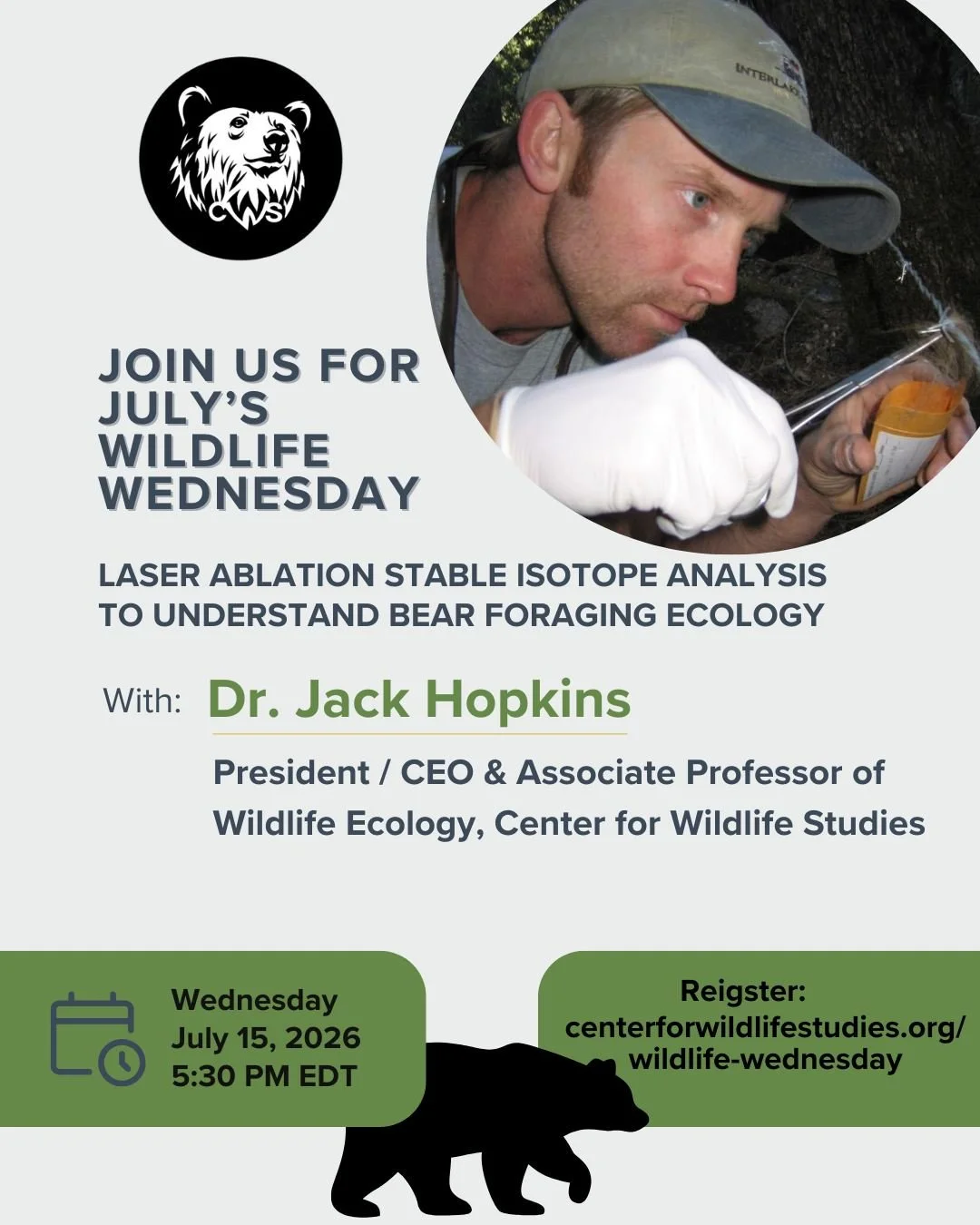 🐻 Register now for July's Wildlife Wednesday with Dr. Jack Hopkins 🐻

Bears are among North America's most iconic wildlife species, but like other animals, their behavior can be influenced by changing environmental conditions. In this webinar, Dr. 