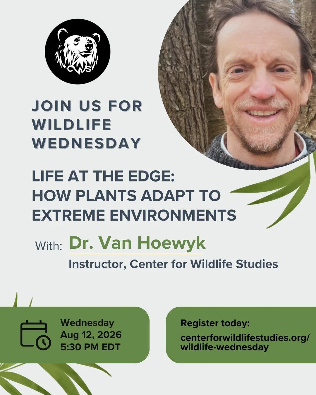 Only a week away!

How do plants survive where others can&rsquo;t?

Join us for our next Wildlife Wednesday as Dr. Doug Van Hoewyk explores the incredible ways plants adapt to extreme environments &mdash; from tolerating toxic soils filled with heavy