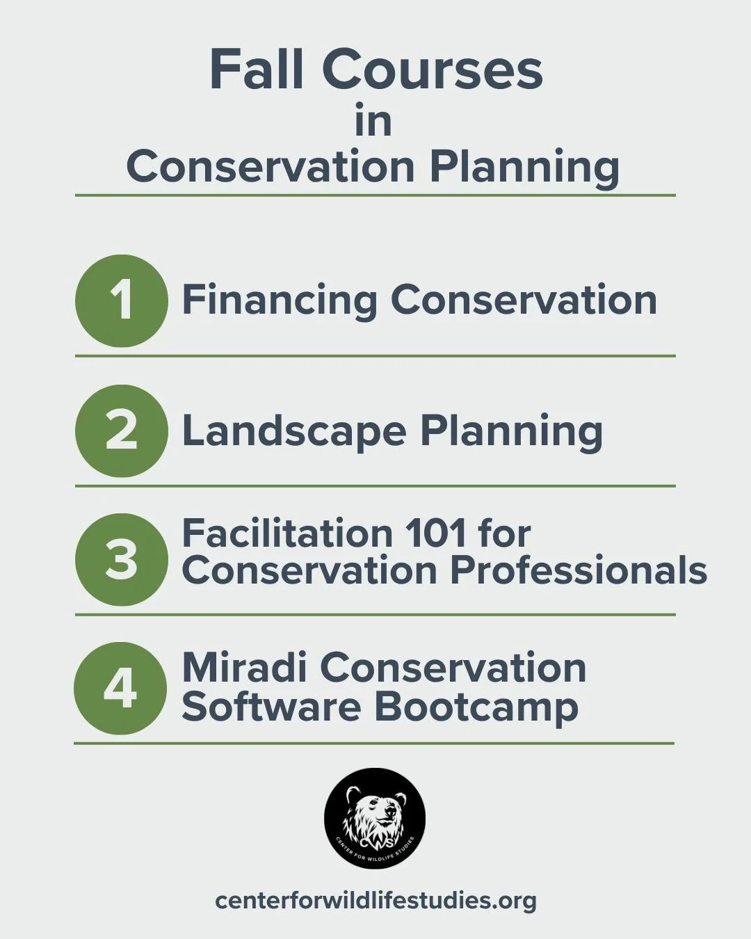 Check out what we're offering for Conservation Planning! 🌎📚

This term, learn how to turn ideas into action for wildlife and ecosystems.
Explore courses designed to help you plan, manage, and protect the landscapes that matter most.

🔍 Got questio