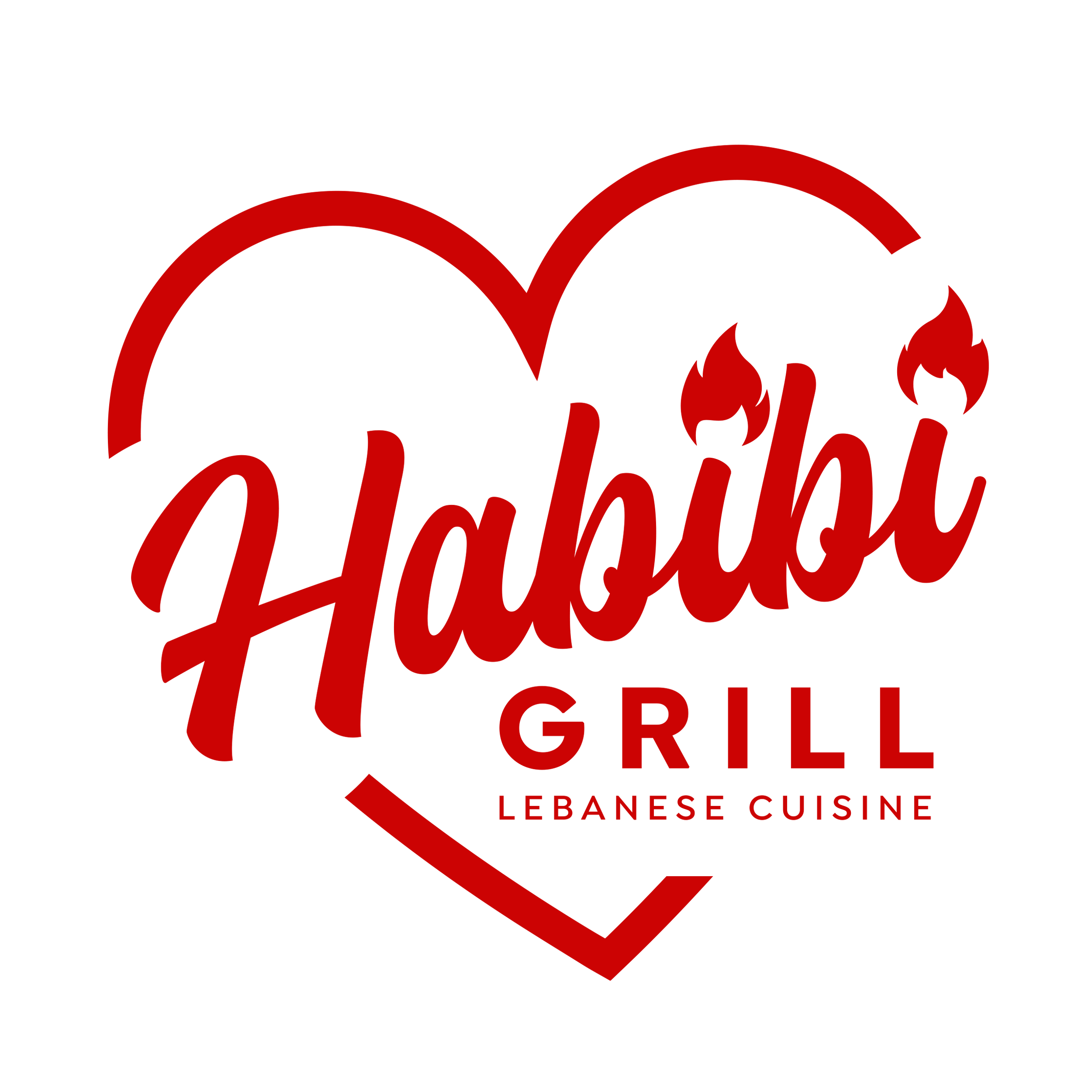 Black background with red heart-shaped outline and flame icons. Prominent red text reads 'Habibi', with 'GRILL' underneath and 'Lebanese Cuisine' below.