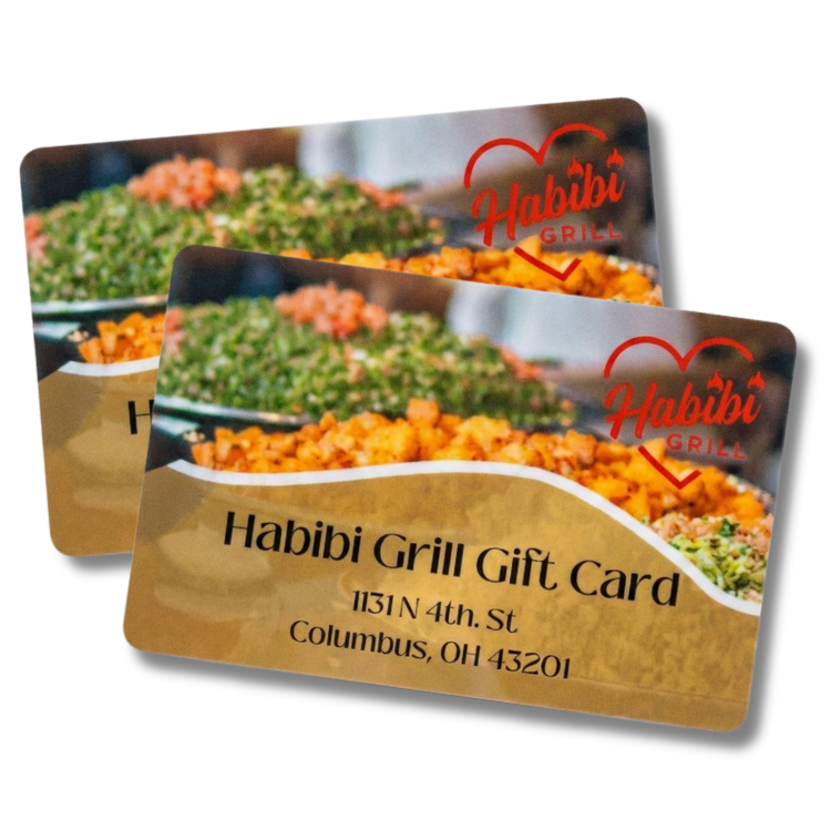 Two Habibi Grill gift cards featuring an image of a food dish, with the address 1131 N 4th St, Columbus, OH 43201.