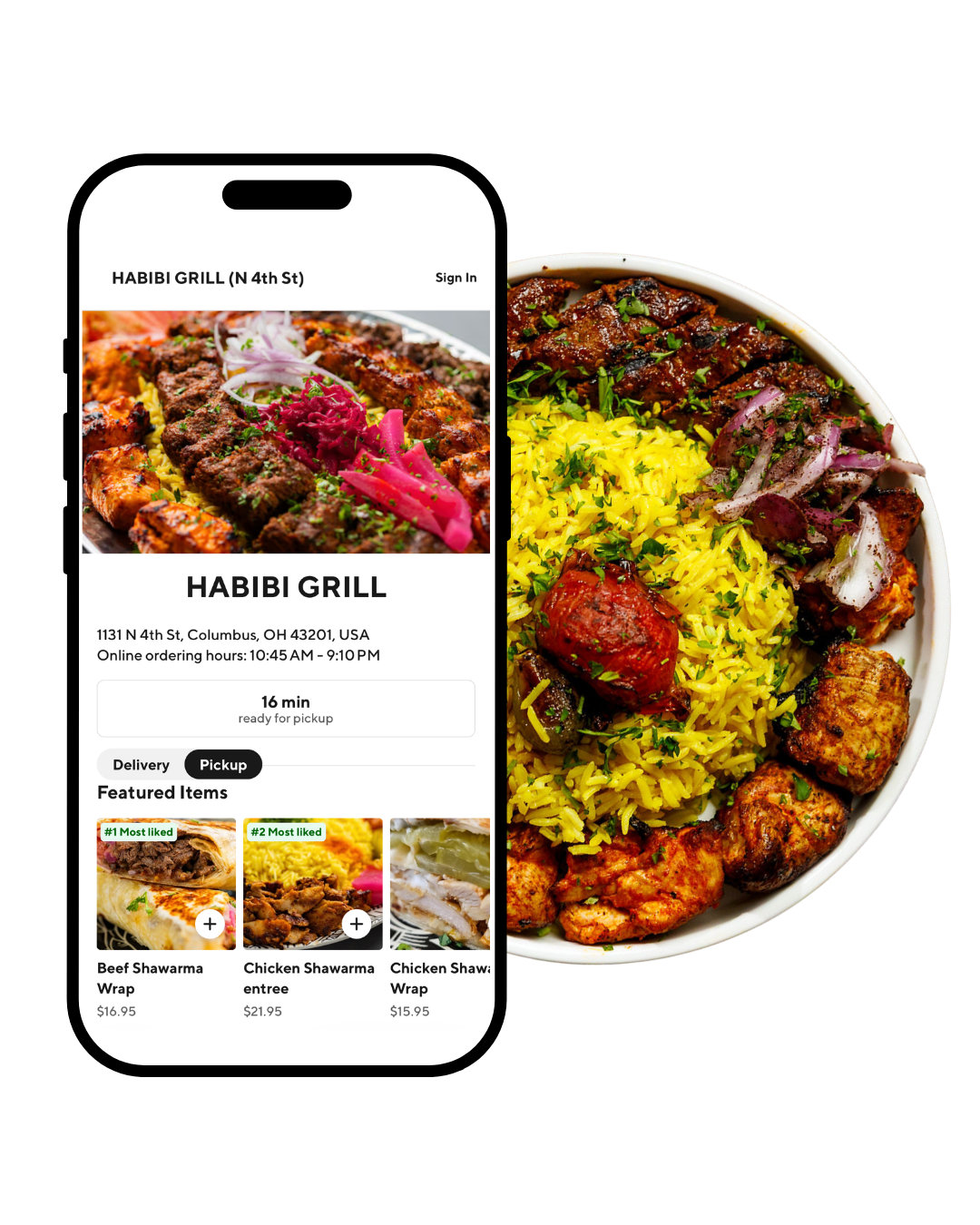 Mobile screen displaying a food ordering app for Habibi Grill with images of grilled meats and dishes, next to a bowl of seasoned rice with meat, vegetables, and herbs.