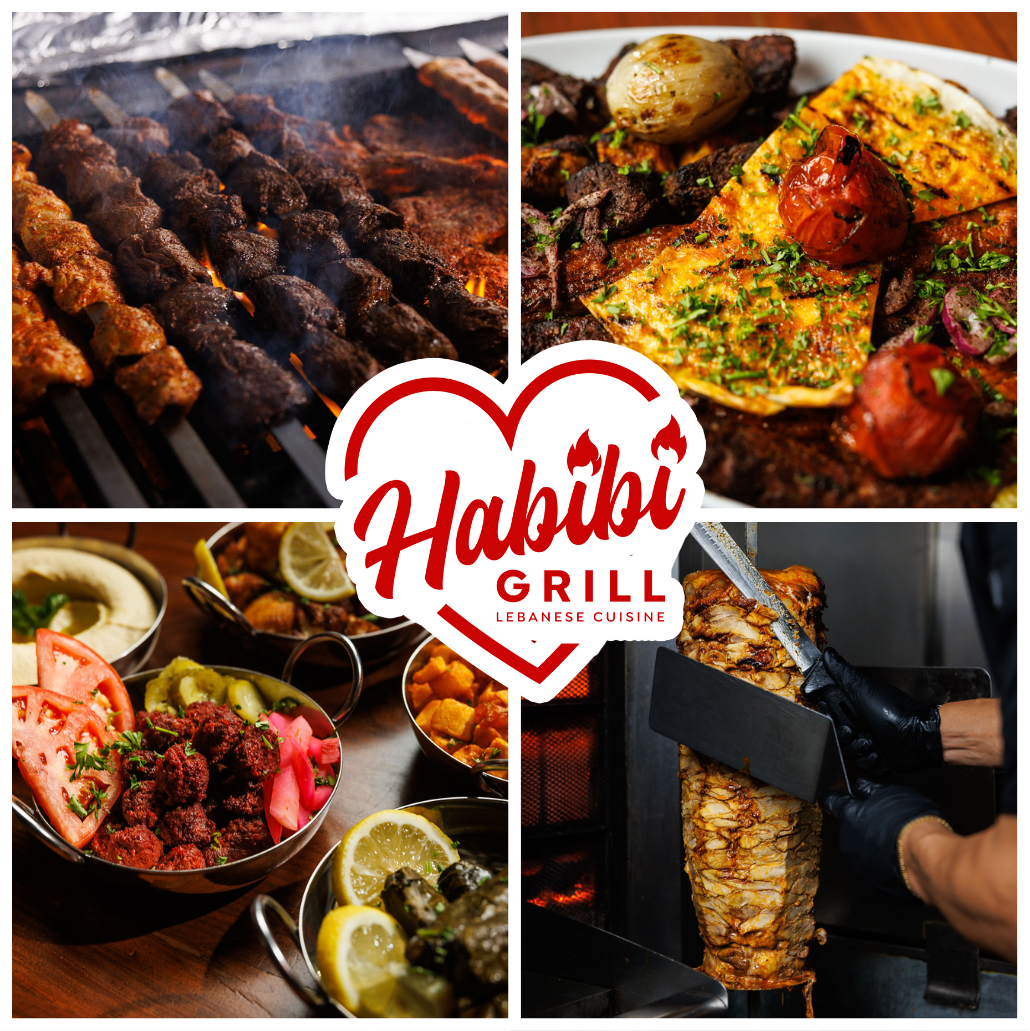 Collage of Lebanese dishes at Habibi Grill including grilled kebabs, an omelette with tomatoes and herbs, assorted Lebanese dips with vegetables, and skewered meat being sliced.