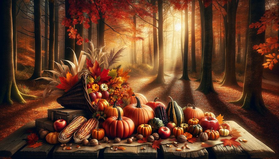 7+-+A+Thanksgiving-themed+background+situated+in+an+autumnal+forest+setting.+The+forest+is+filled+with+trees+showcasing+vibrant+fall+foliage.jpg