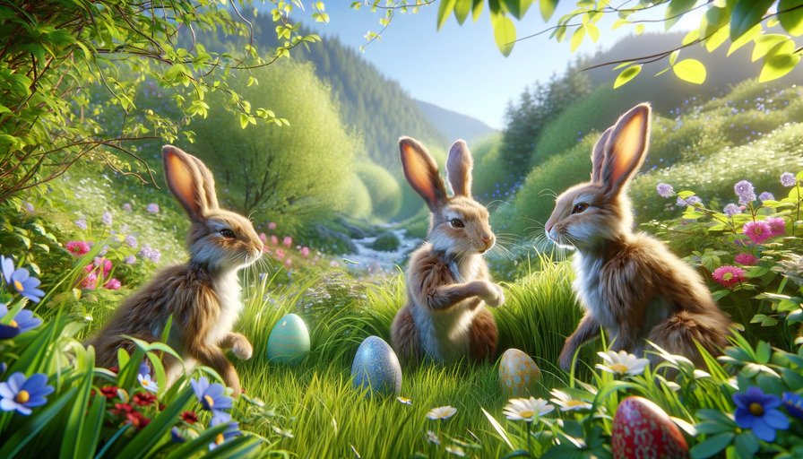 An Easter-themed webcam background, specifically highlighting three rabbits in a natural spring setting.jpg