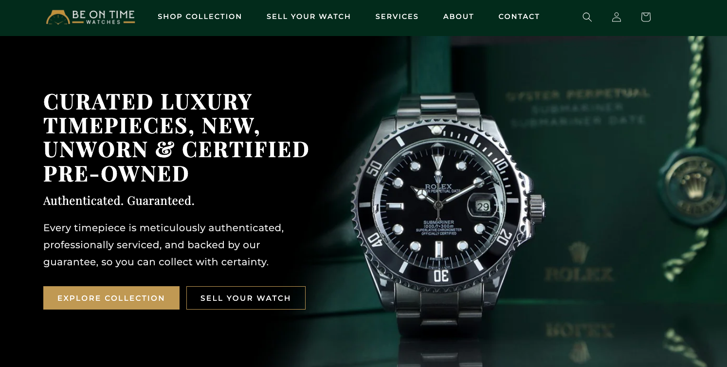 Webpage showing luxury watch collection with a close-up of a Rolex diver's watch, text about selling and authenticating pre-owned watches, green background, logo, and navigation menu at the top.