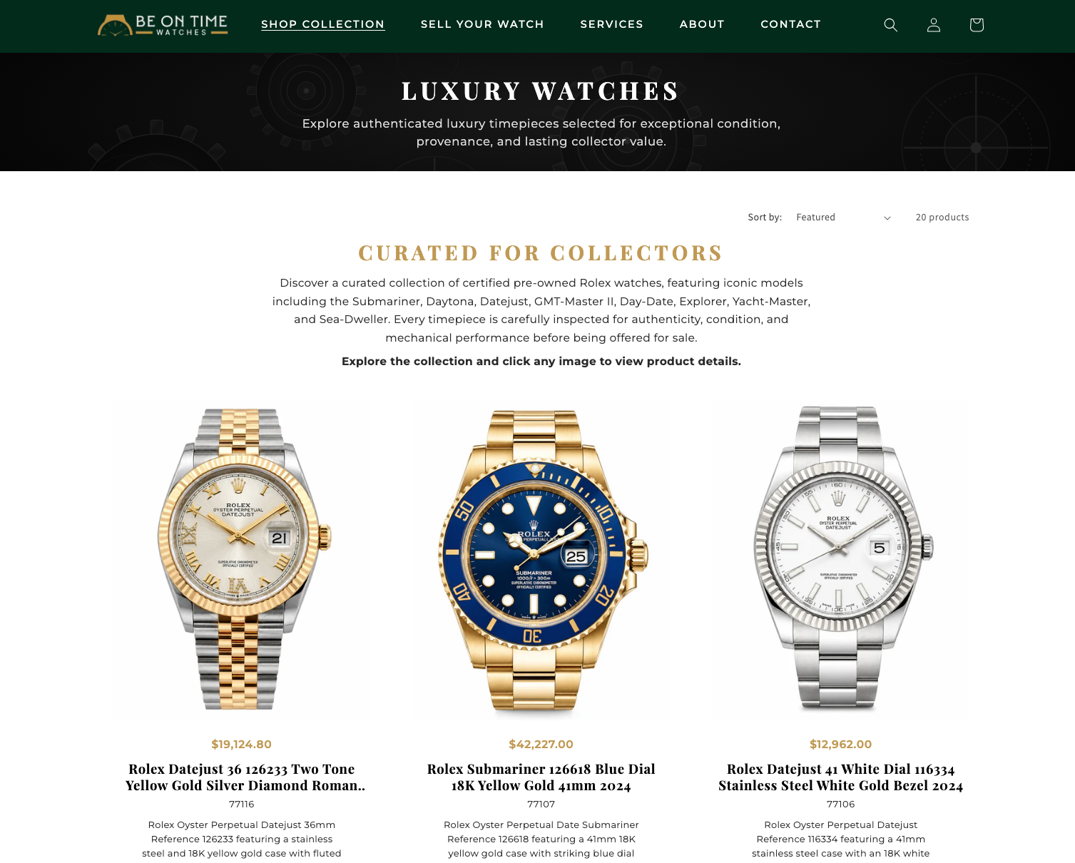 Three luxury Rolex watches with prices and descriptions, including a two-tone gold and silver Datejust, a blue-dial Submariner, and a white-dial Datejust in stainless steel with gold bezel.