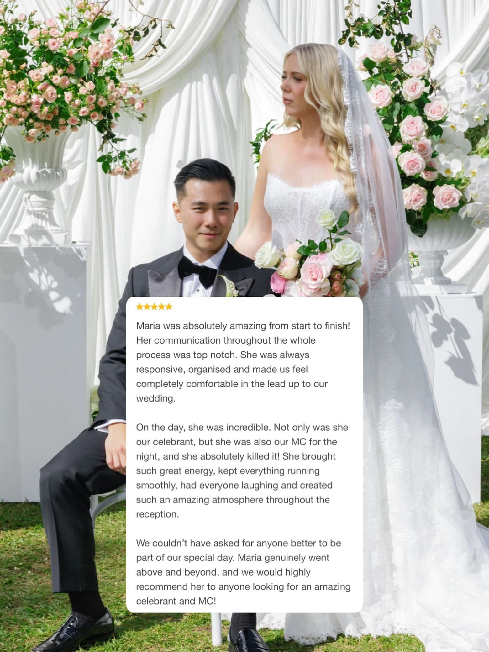 khoa + marte 

&ldquo;Maria was absolutely amazing from start to finish! Her communication throughout the whole process was top notch. She was always responsive, organised and made us feel completely comfortable in the lead up to our wedding.

On the