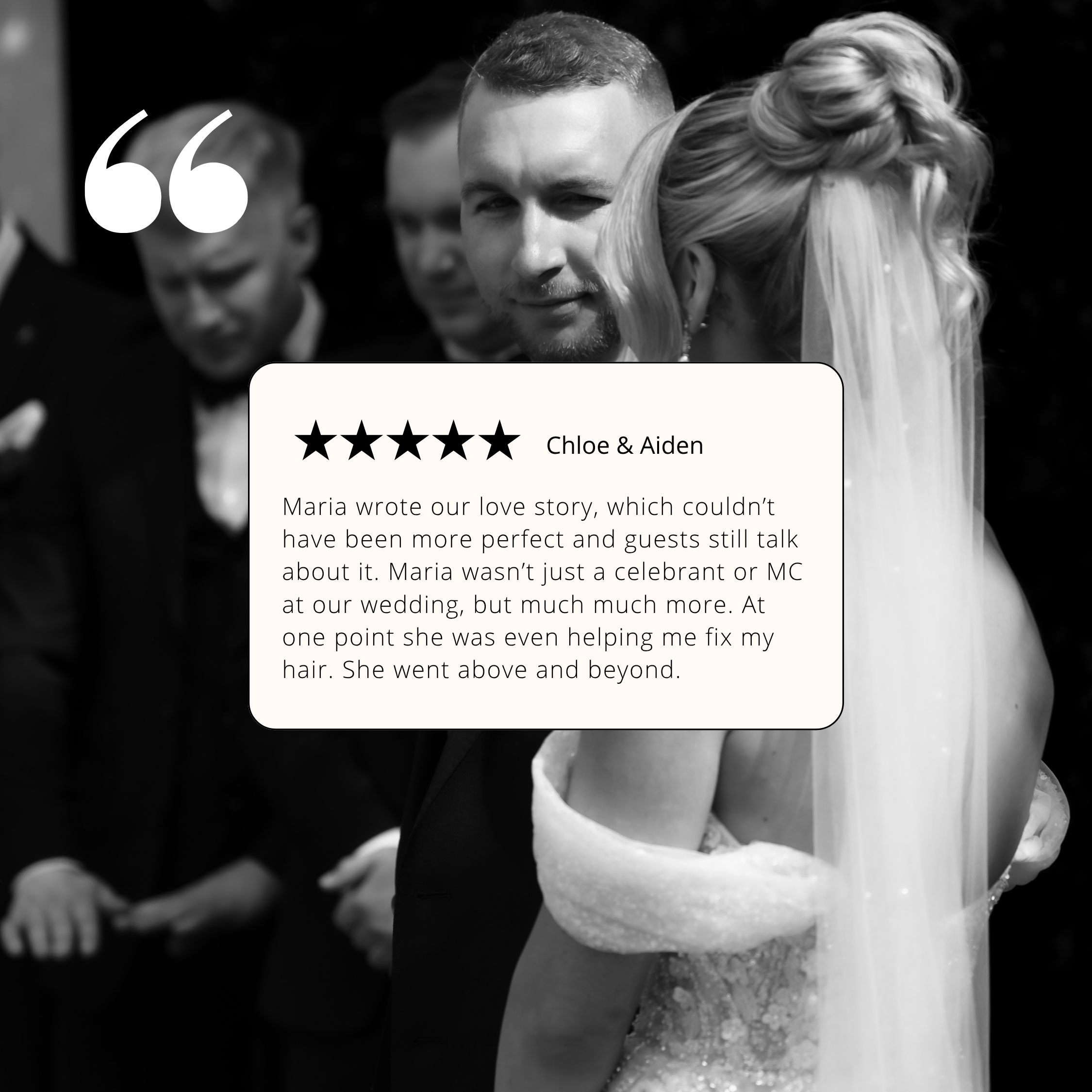 A black and white photo of a wedding scene showing a bride and groom dancing, with the bride's braided hairstyle visible. There are blurred figures of guests in the background.