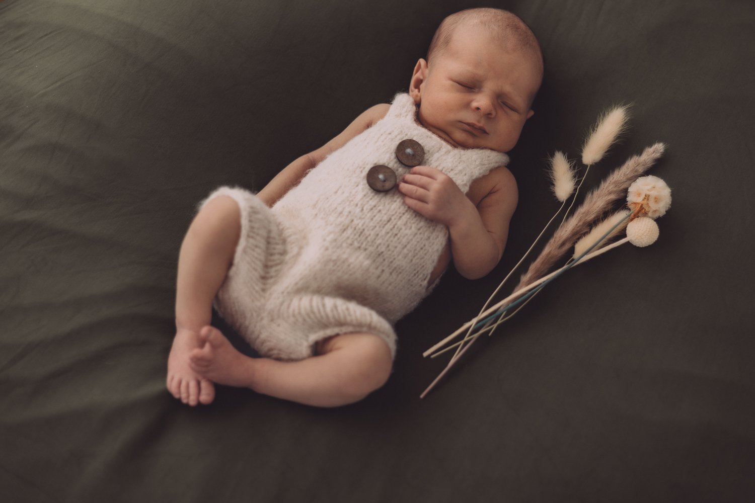 Nicole Johnson Photography ~ Newborn Session, olive background, botanical next to baby